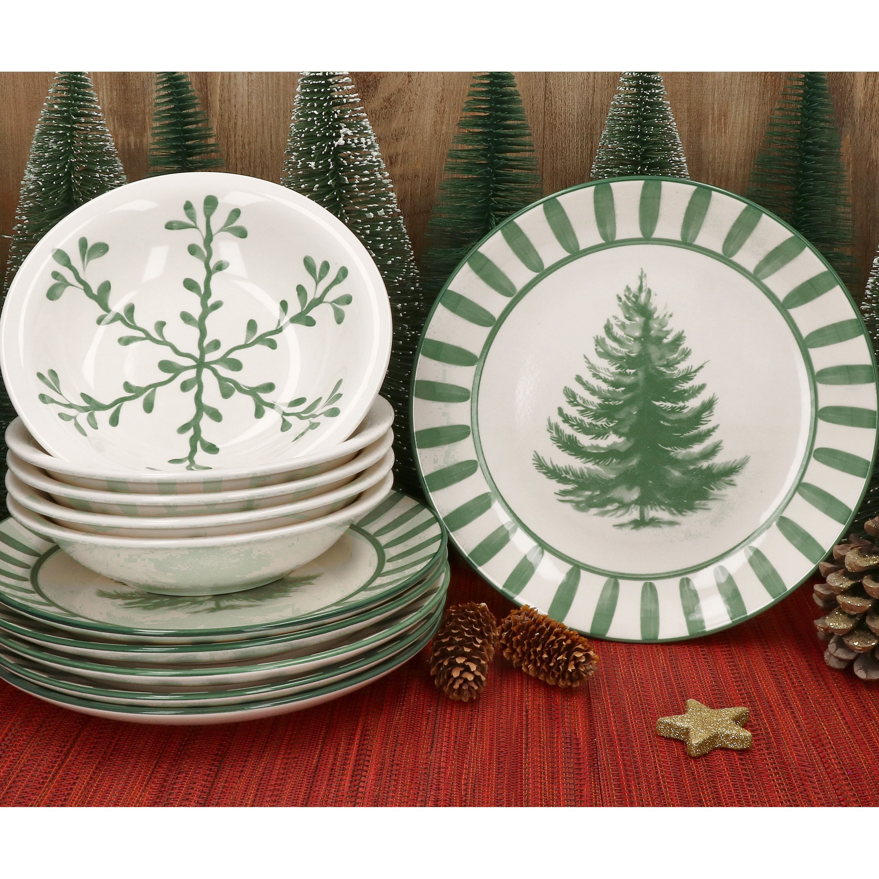 MamboCat Tafelservice 12tlg Tafelservice Wald grün 6 Personen Essteller Suppenteller, Steingut, Weihnachtsgeschirr, Winter, Weihnachtsset, Geschirr