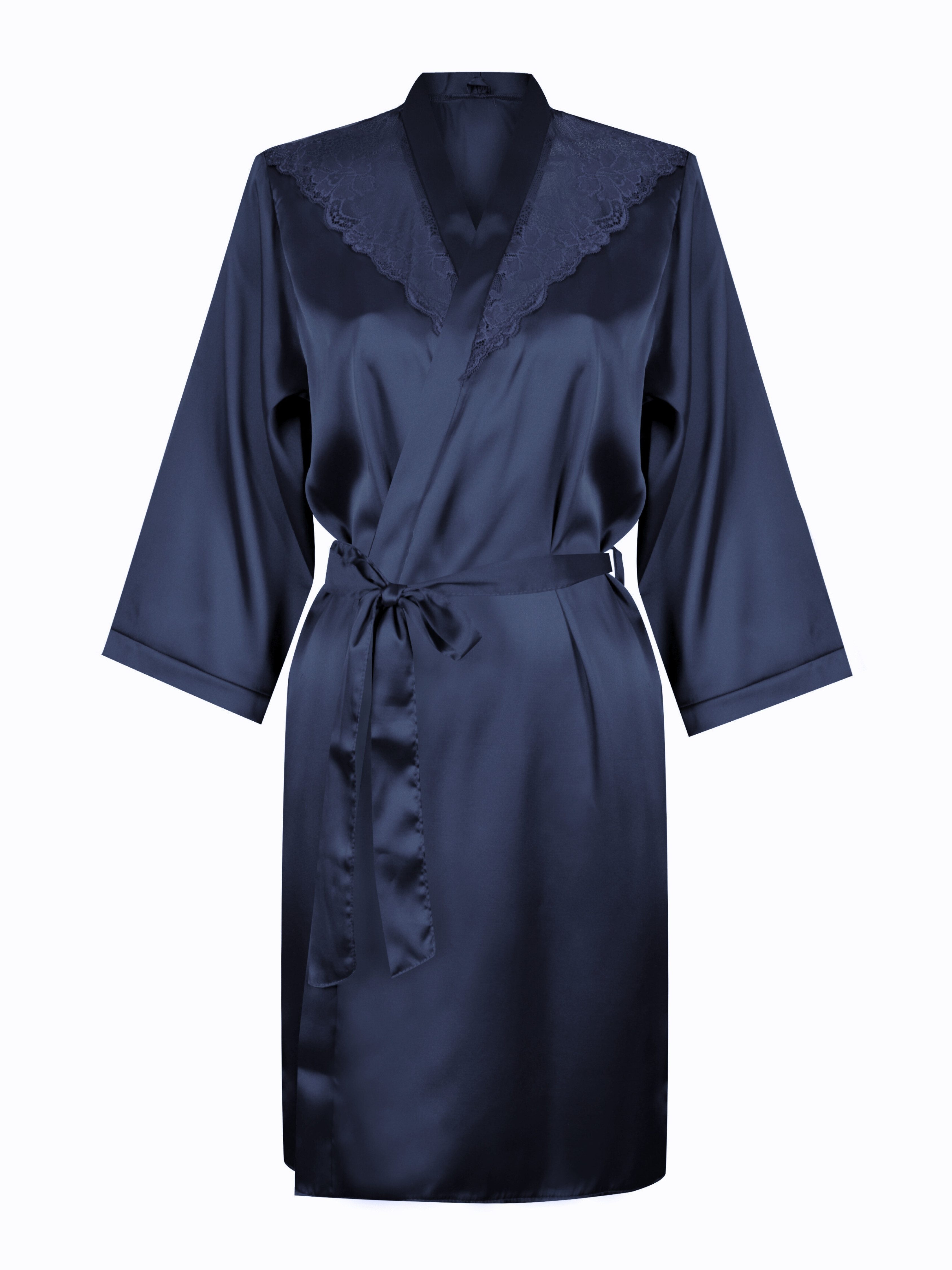 Donna Morgenmantel Kimono aus edlem Seidensatin-Stretch, Seiden-Satin, Kimono-Kragen, Gürtel, Kurzform, Kimono-Kragen, Bindegürtel, mit Spitzeneinsätzen – Bild 2 von 5