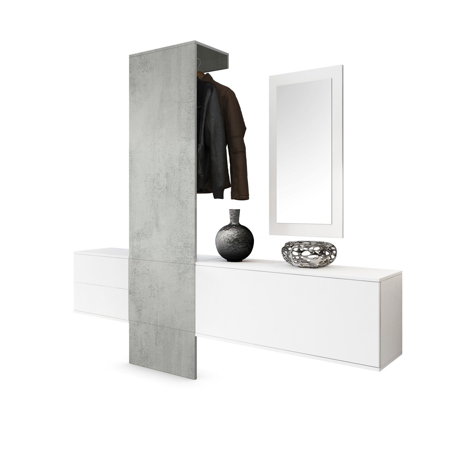 Vladon Garderoben-Set Carlton Set 1, (Wandgarderobe bestehend aus, 1 Paneel, 1 Schubkastenschrank, 1 Schrankmodul und 1 Spiegel), Weiß matt/Beton Oxid Optik (208 x 193 x 35 cm)