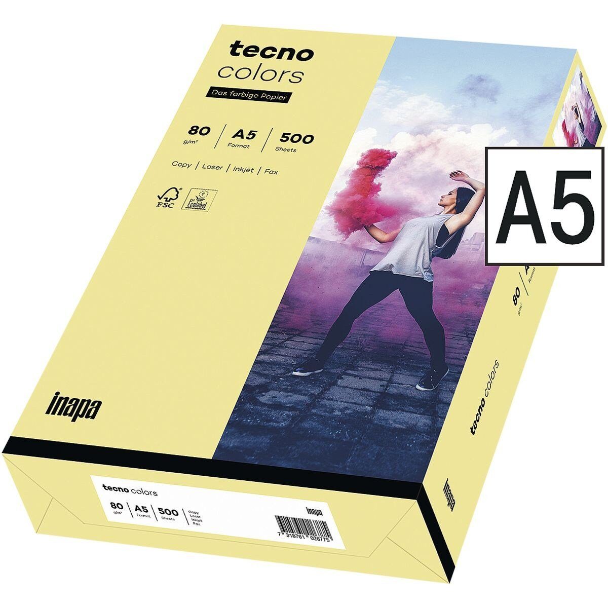 Inapa tecno Drucker- und Kopierpapier Rainbow, Pastellfarben, Format DIN A5, 80 g/m² hellgelb