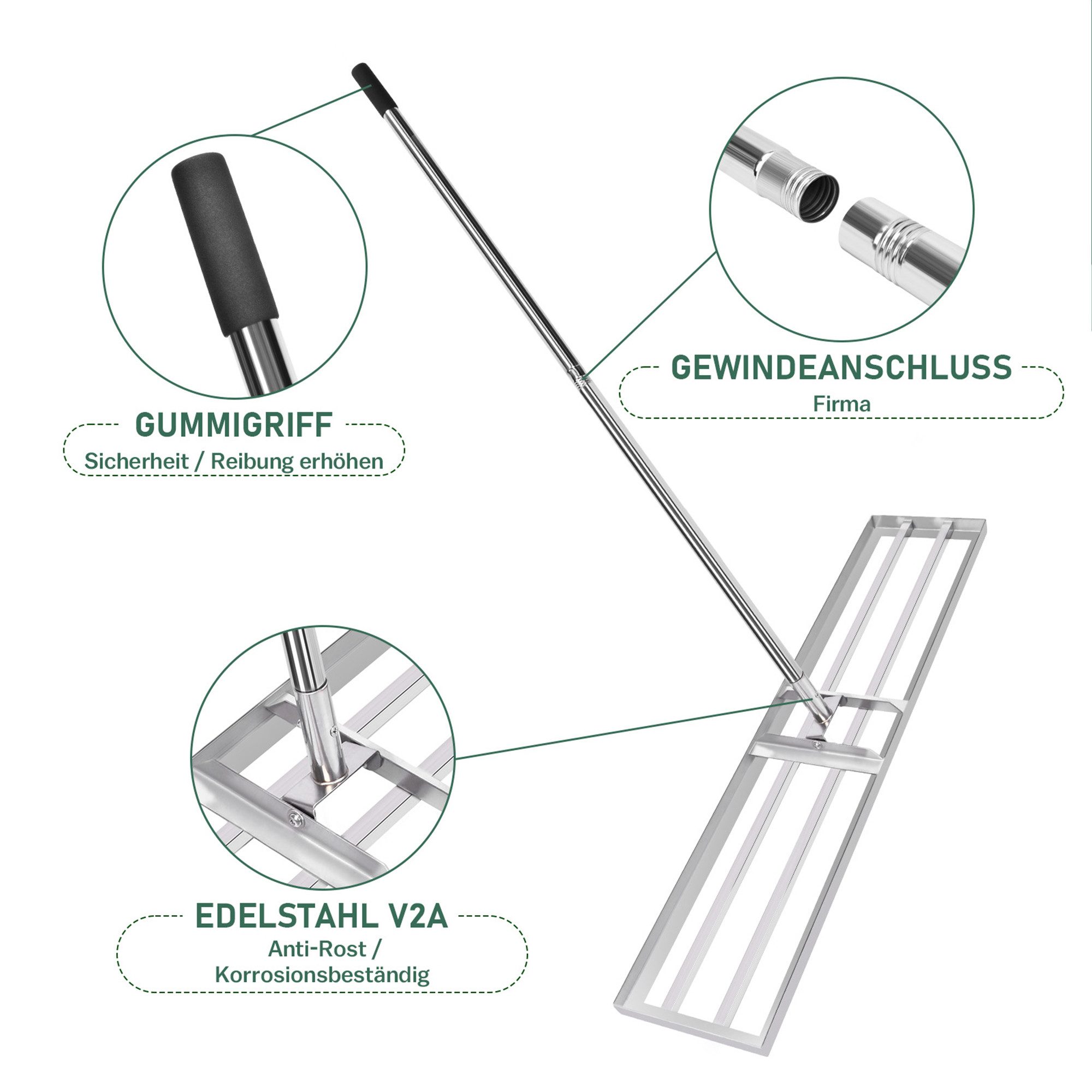 XERSEK Rasenrechen Rasen Rakel V2A Edelstahl Rasenrechen 25x118x200 cm Nivellierrechen, 118 cm Arbeitsbreite, mit 200 cm langem Stiel, (zum Rasen nivellieren und Sanden Verstellbare Länge, Für Yard/Golf/Hinterhof/Fußballplatz)