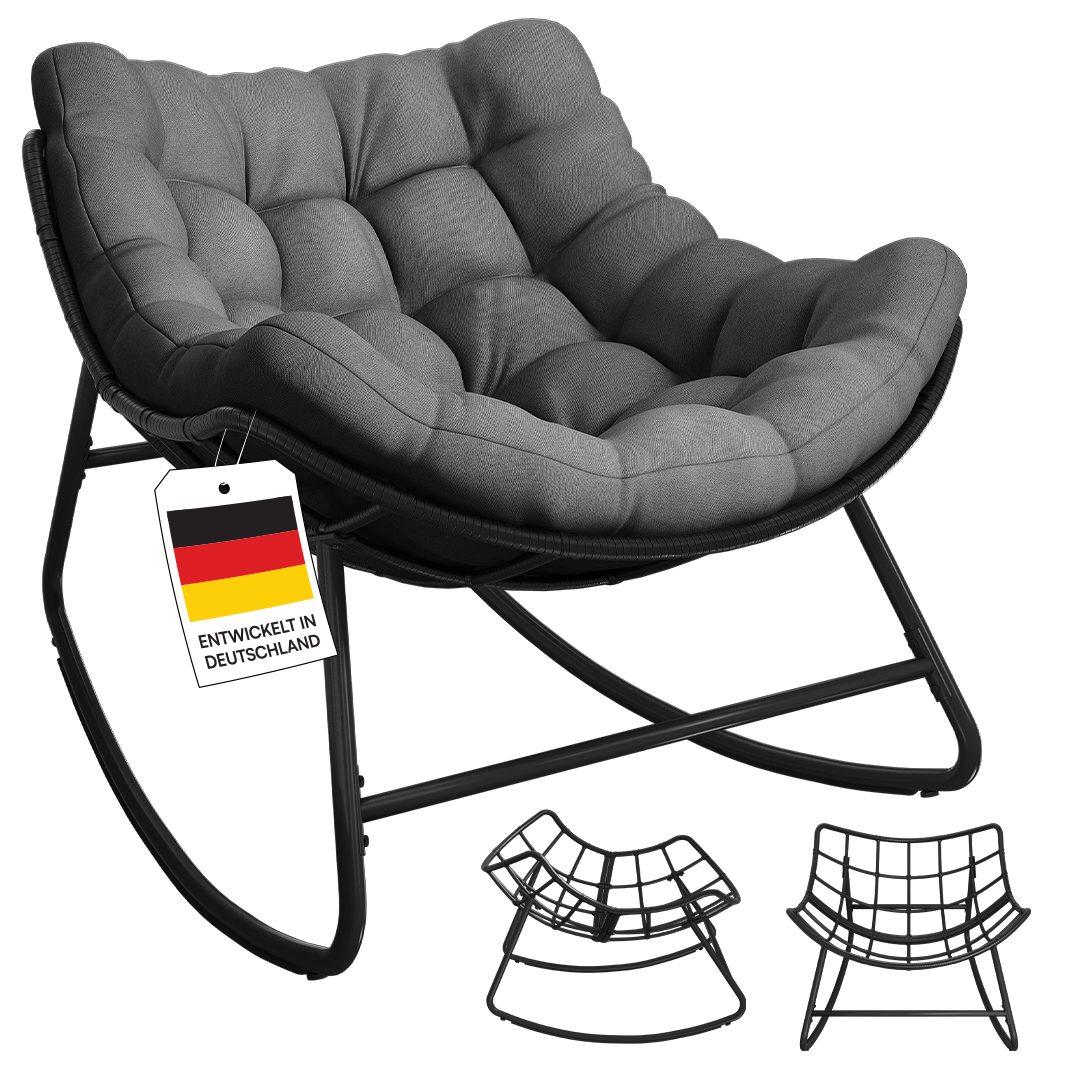 STEELSØN Schaukelstuhl Veldora Rattan XXL Schaukelsessel mit Sitzpolstern für Innen & Außen (Anthrazit, Stahlgestell 75x100x65 cm), Relaxsessel wetterfest & rutschfest, Lounge Sessel bis 125 kg