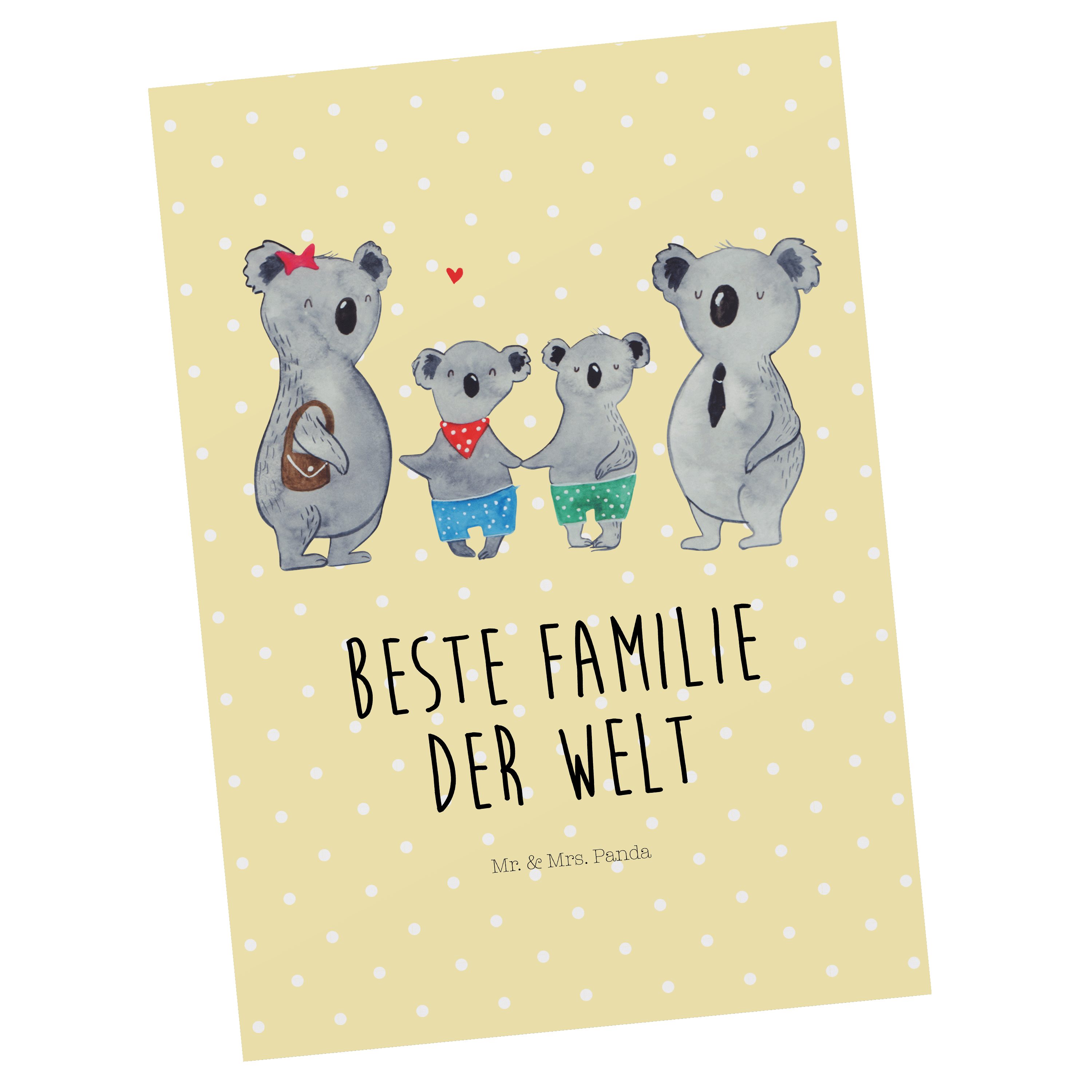 Mr. & Mrs. Panda Postkarte Koala Familie zwei - Gelb Pastell - Geschenk, Papa, Familienleben, Ma
