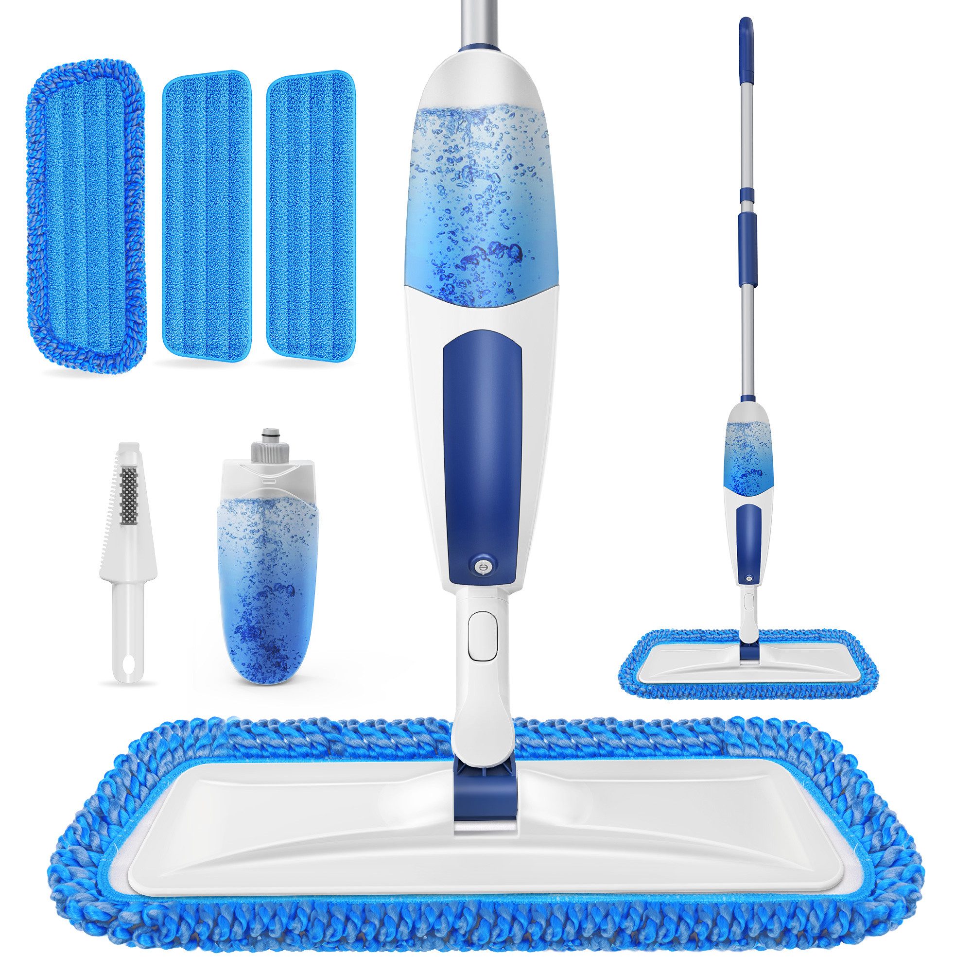 HUGERSTONE Sprühwischer Wischmopp mit 550ml Wassertank, Bodenwischer mit Sprühfunktion, Blau (360 Grad Rotierender Wischmopp für alle Böden) Nass und Trockenwischer mit 3 Waschbaren Mikrofaser Pads