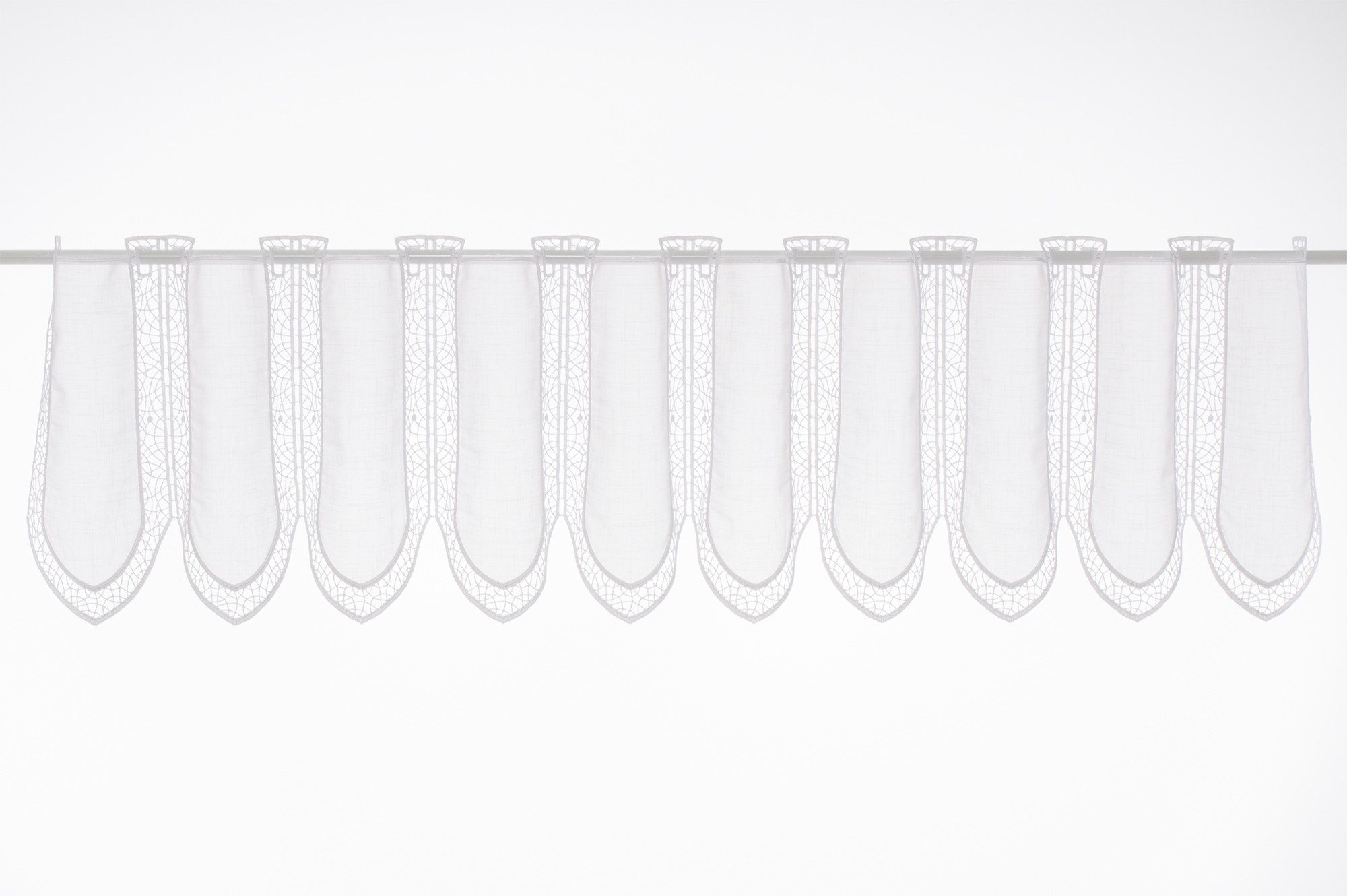 Gardinen Kranzusch Scheibengardine Strukturvoile mit Macramé-Stickerei (1 St), Stangendurchzug, transparent, Stablöcher,transparent,verschiedene Höhen, Breiten