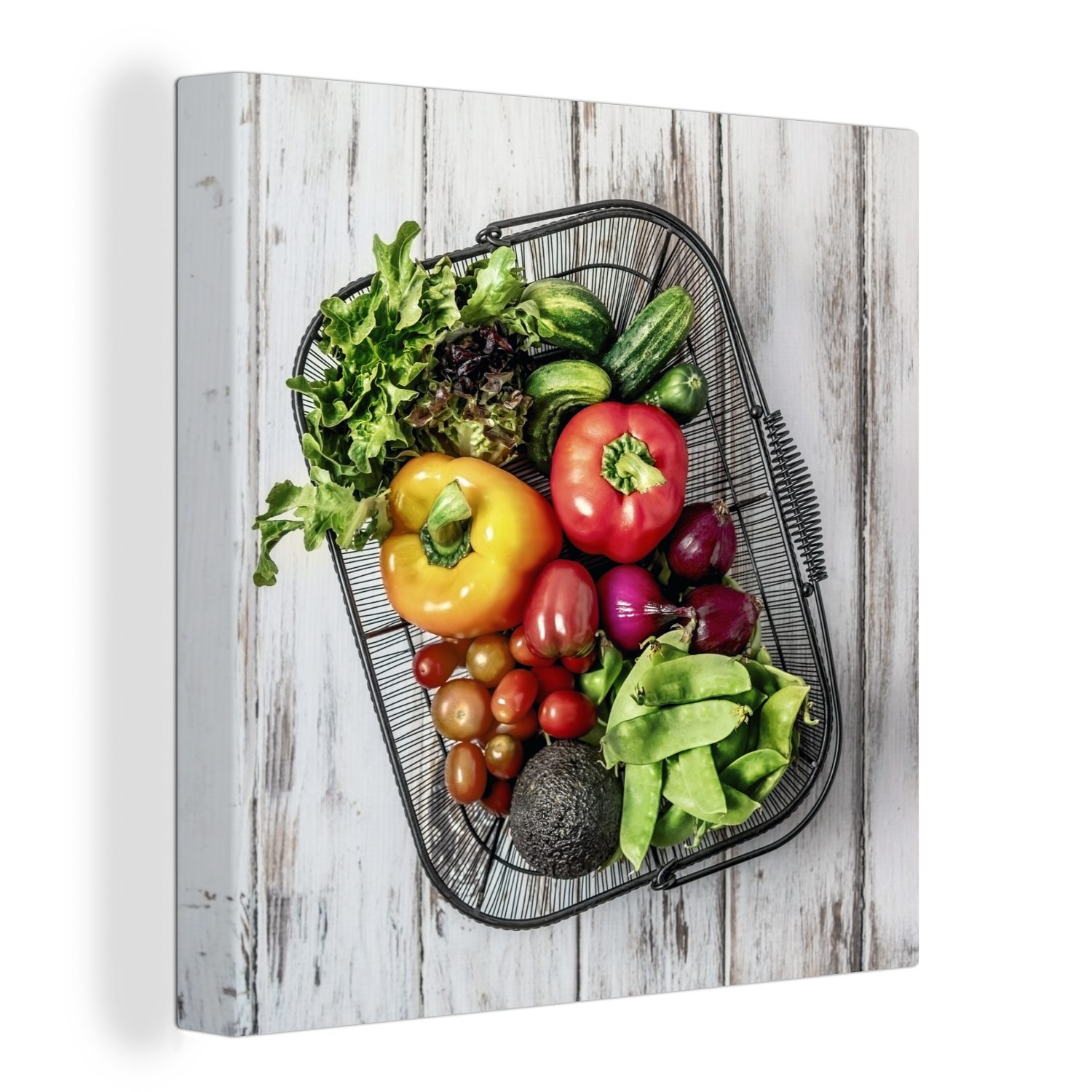 OneMillionCanvasses® Leinwandbild Draufsicht auf einen Korb mit verschiedenen Gemüsesorten, (1 St), Leinwand Bilder für Wohnzimmer Schlafzimmer