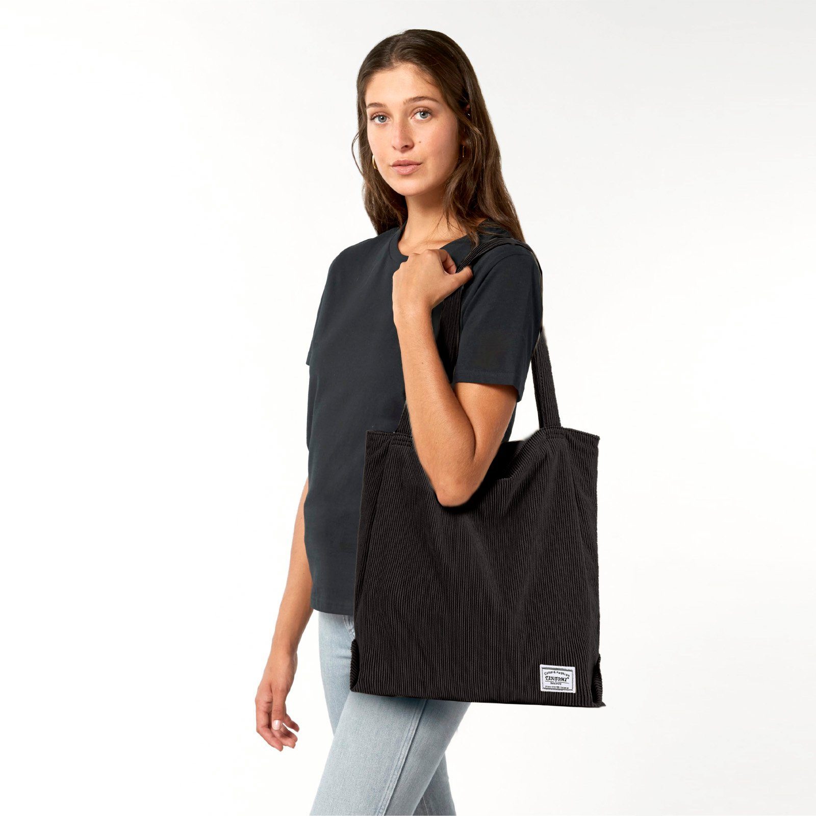 Cordtasche mit Damenhandtasche, Tasche Henkeltasche Reißverschluss-Einkaufstasche Damen, Schwarz Handtasche, TAN.TOMI