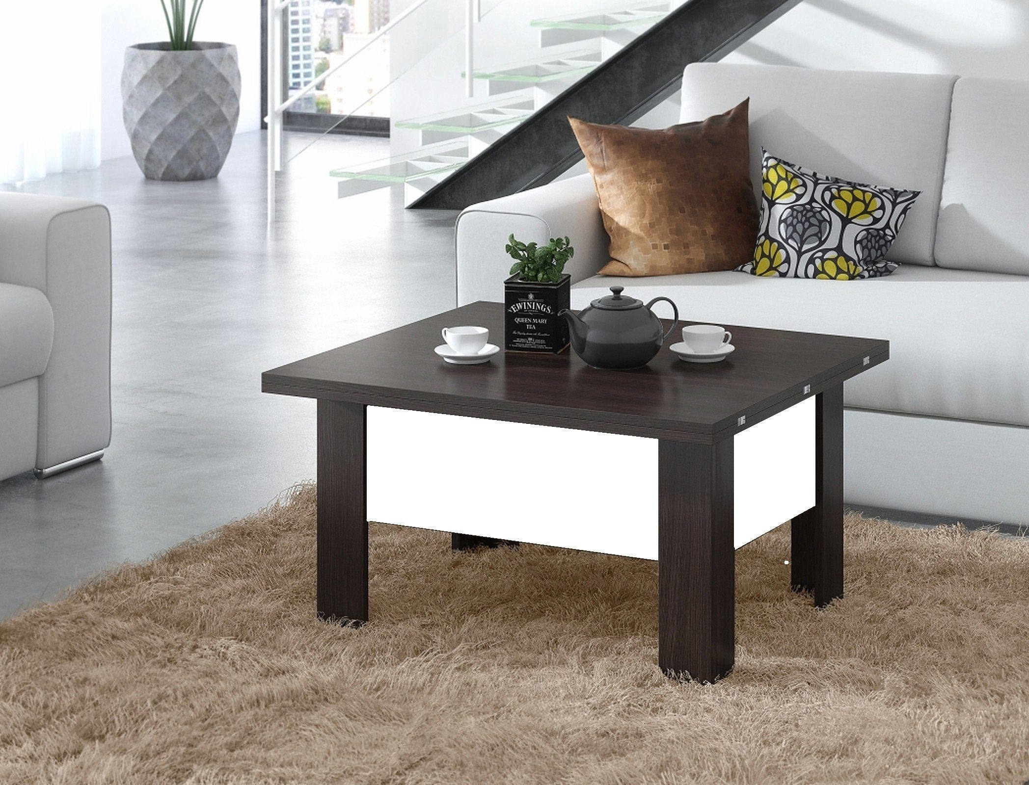 designimpex Couchtisch Design Couchtisch Tisch Oslo höhenverstellbar aufklappbar Esstisch Walnuss Wenge / Weiß matt