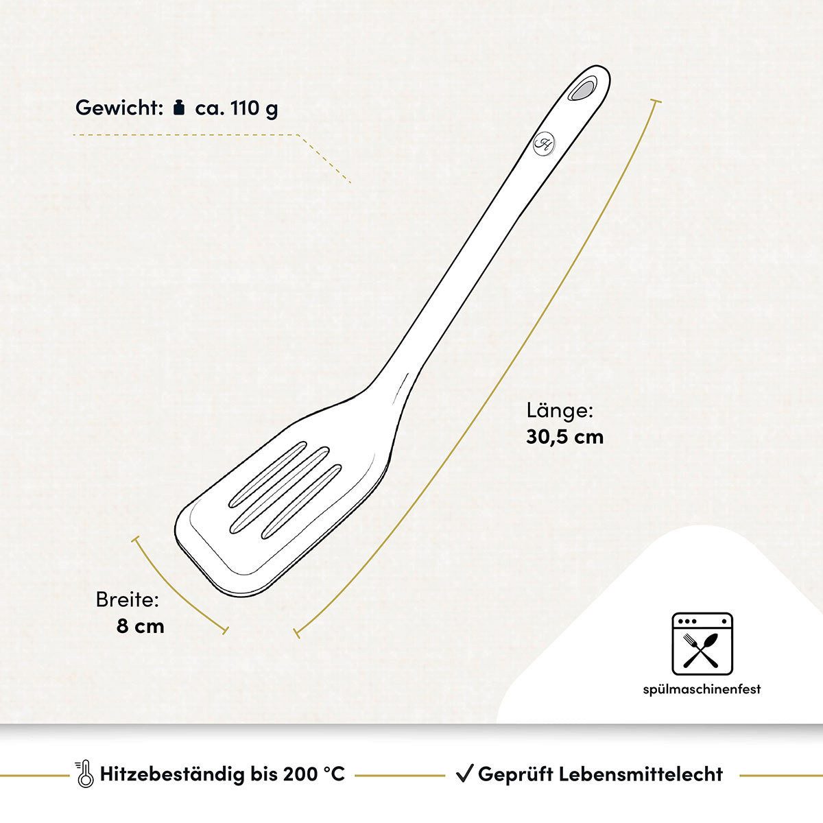 Hoffmann Germany Pfannenwender Küchenhelfer Silikon Edelstahl 30 cm anthrazit, Edelstahlkern, Schlitze, 200°C, spülmaschinenfest