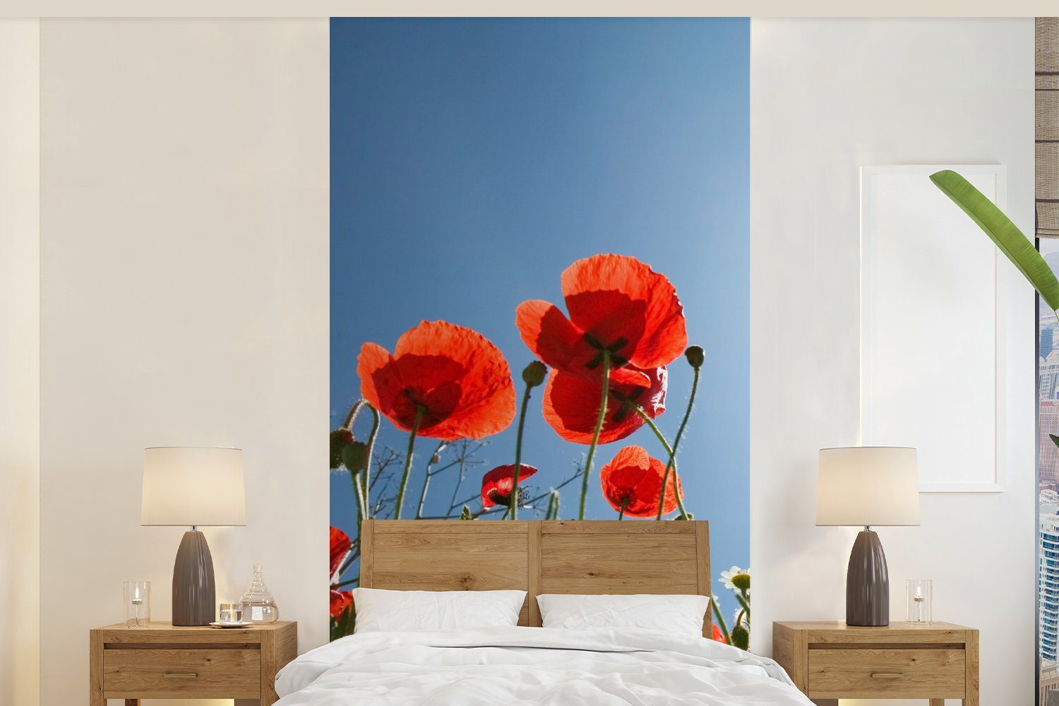 MuchoWow Fototapete Strahlende Sonne über einigen Mohnblumen in Spanien, Matt, bedruckt, (2 St), Vliestapete für Wohnzimmer Schlafzimmer Küche, Fototapete