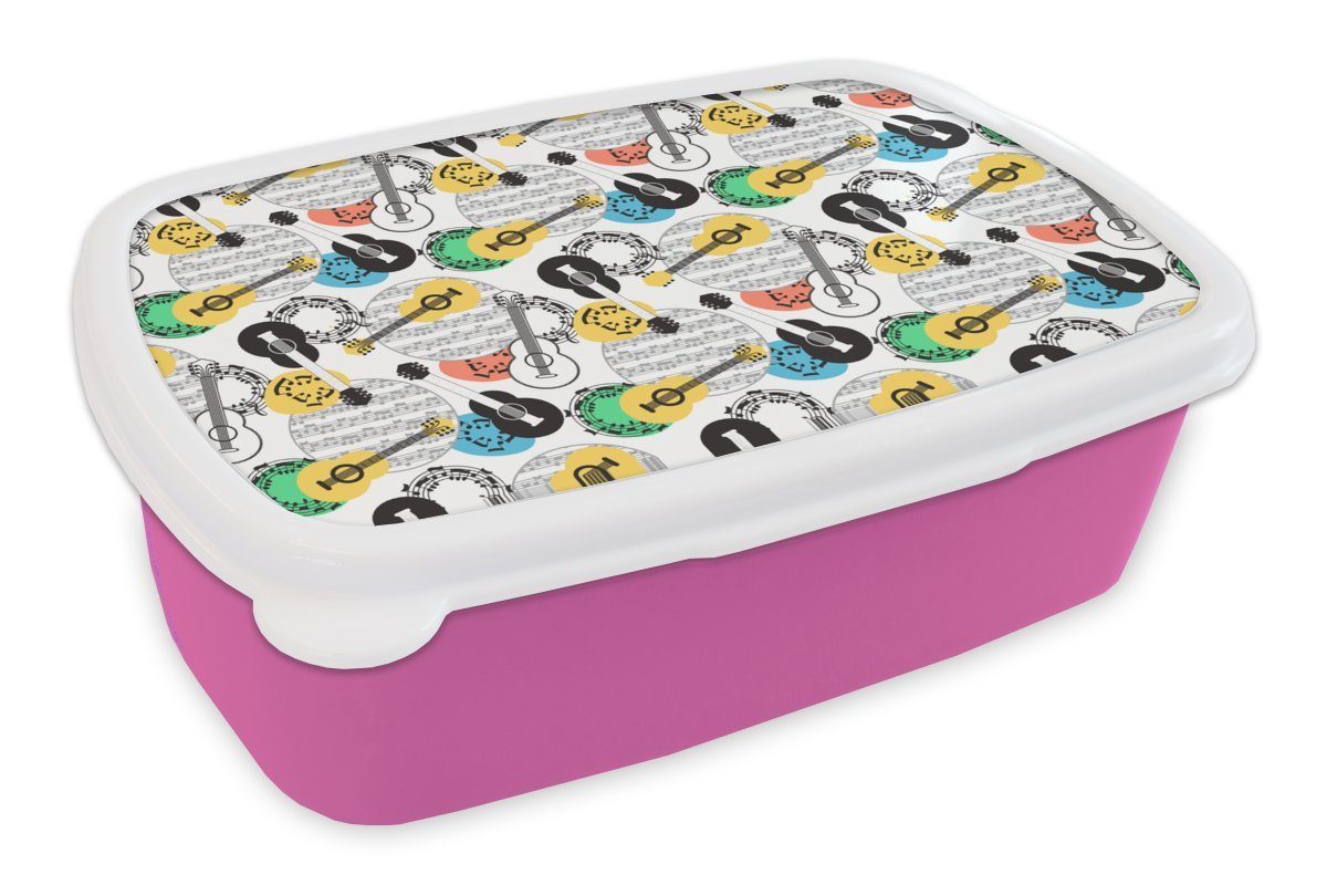 MuchoWow Lunchbox Gitarre - Musik - Patterns - Abstrakt, Kunststoff, (2-tlg), Brotbox für Erwachsene, Brotdose Kinder, Snackbox, Mädchen, Kunststoff rosa
