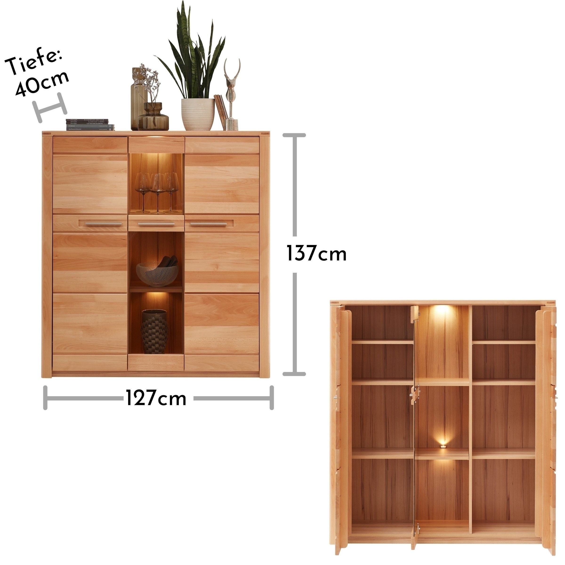 freiraum Highboard Nature One, 3 Türen, mit LED, FSC, Kernbuche teilmassiv - 127x137x40cm (B/H/T)