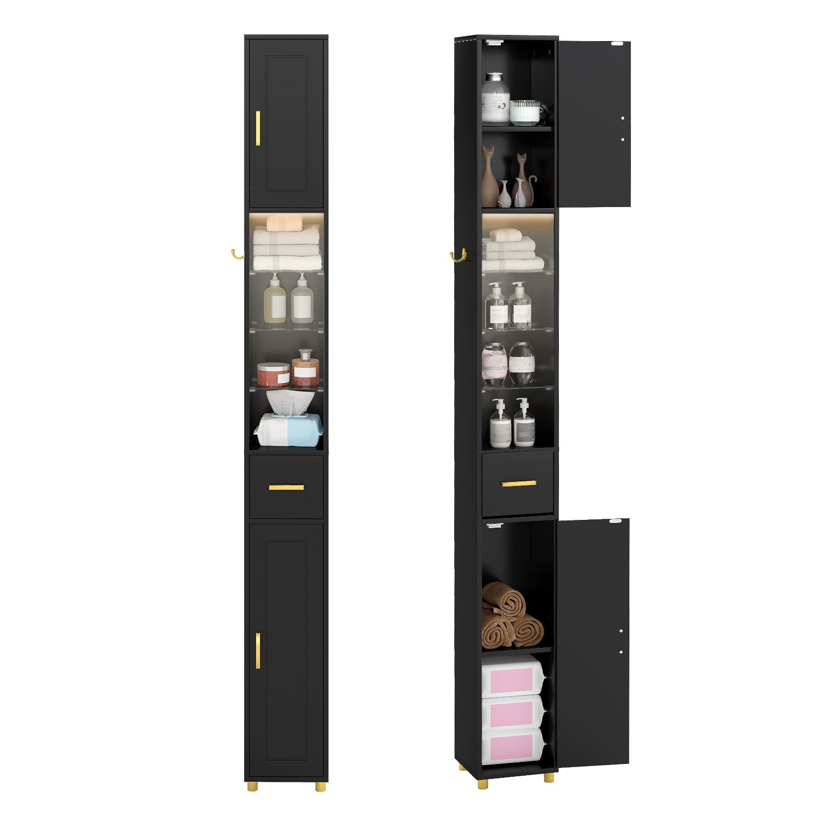 COSTWAY Badkommode, Hochschrank Bad mit Beleuchtung schmal 20x20x181cm