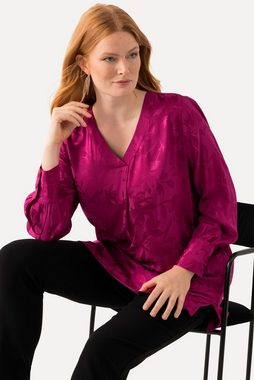 Ulla Popken Satinbluse Bluse florales Jacquardmuster V-Ausschnitt Langarm