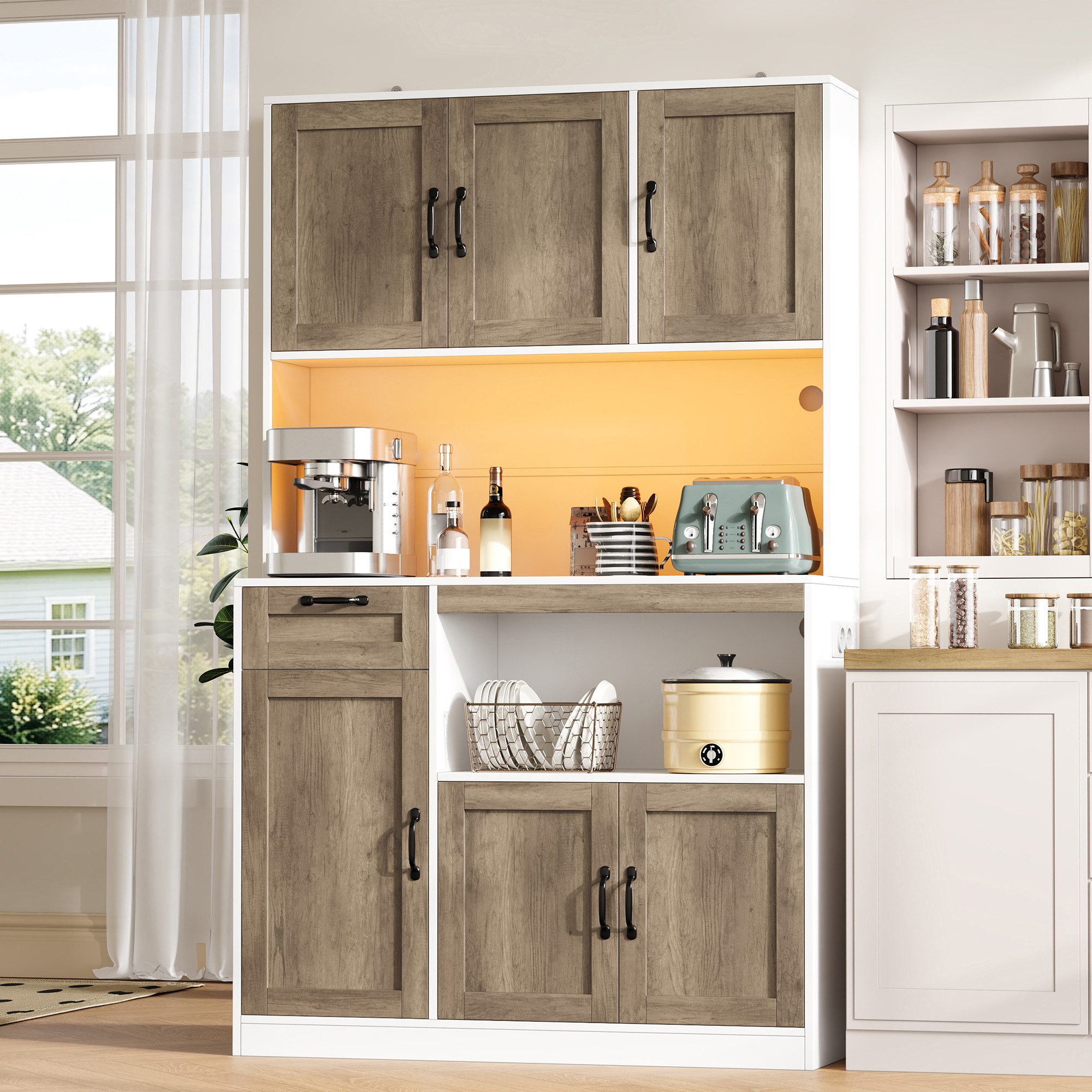 Flieks Küchenbuffet Hochschrank mit Arbeitsplatte, LED-Beleuchtung, Steckdosen Landhaus (110x40x180 cm, 1-St) Vorratsschrank …