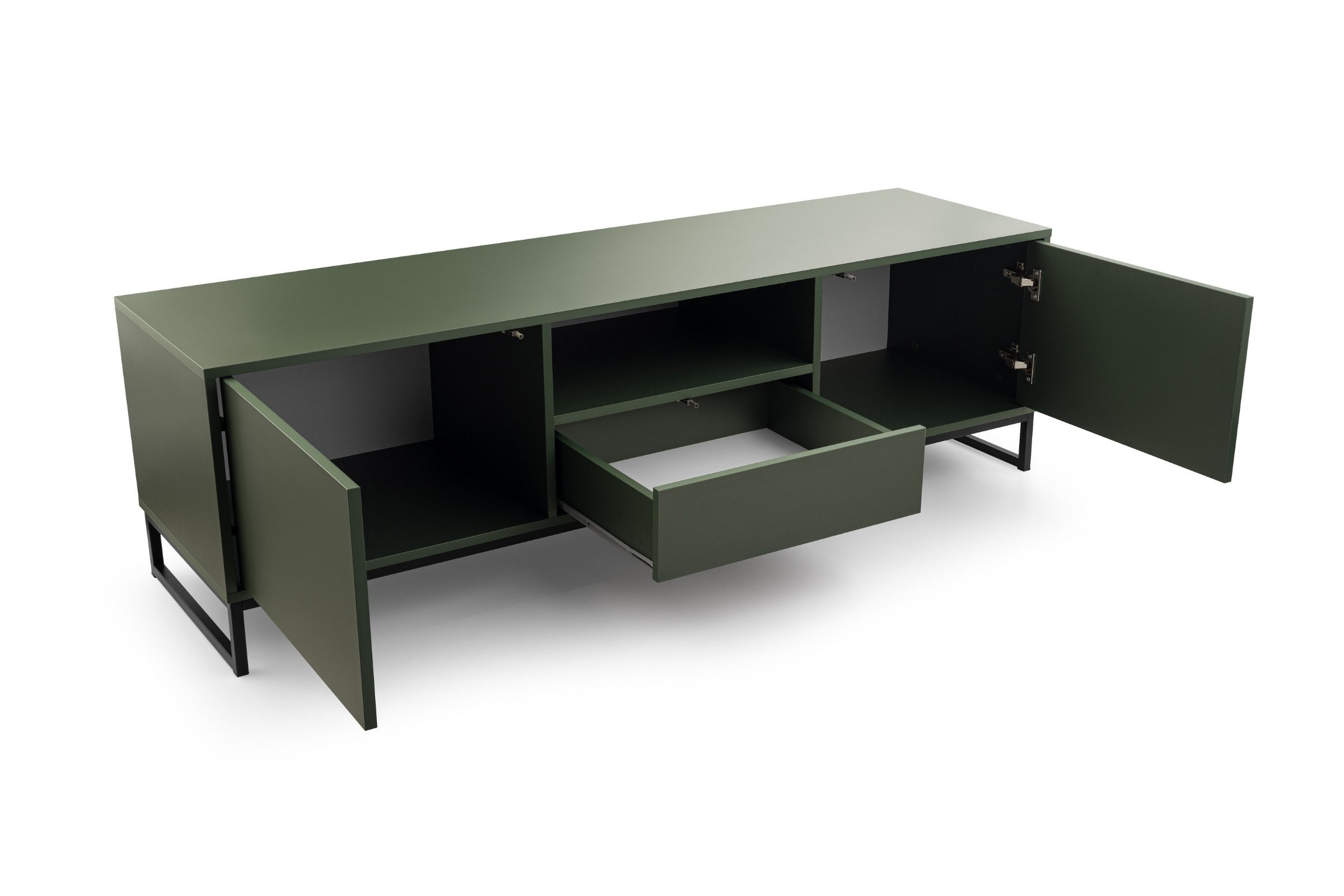 Deine Möbel 24 TV-Schrank GENEVE 160 cm breit TV-Lowboard TV-Kommode ideal für Ihr Wohnzimmer (Set, 1-St., Sandbeige Beige Dunklegrün) Öffnungssystem Push to Open