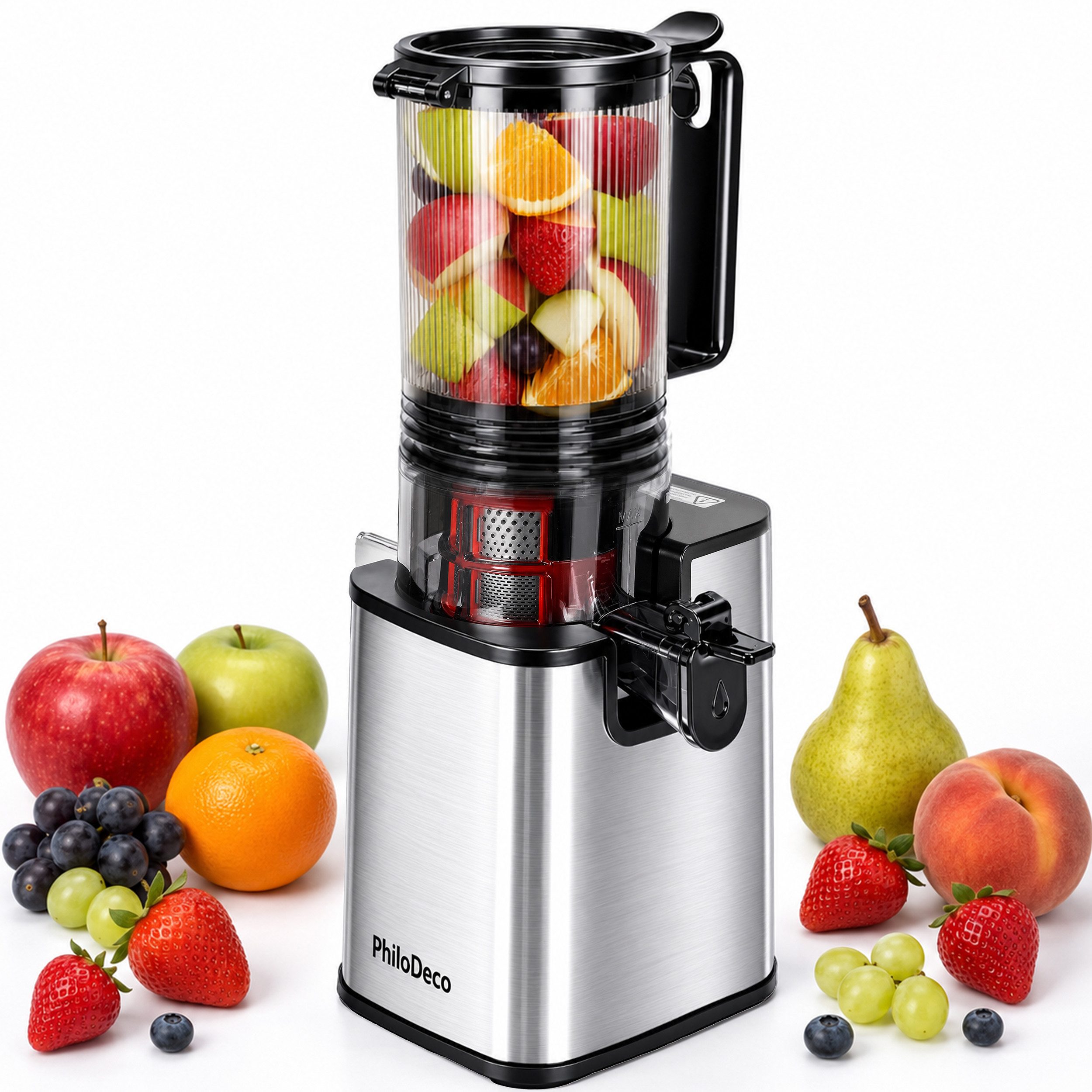 Sinaopus Slow Juicer Für ganze Früchte mit 110-mm-Einfüllöffnung und Doppelfilter, 250 W, Schonende Kaltpressung, saubere Ausgabe und einfache Reinigung