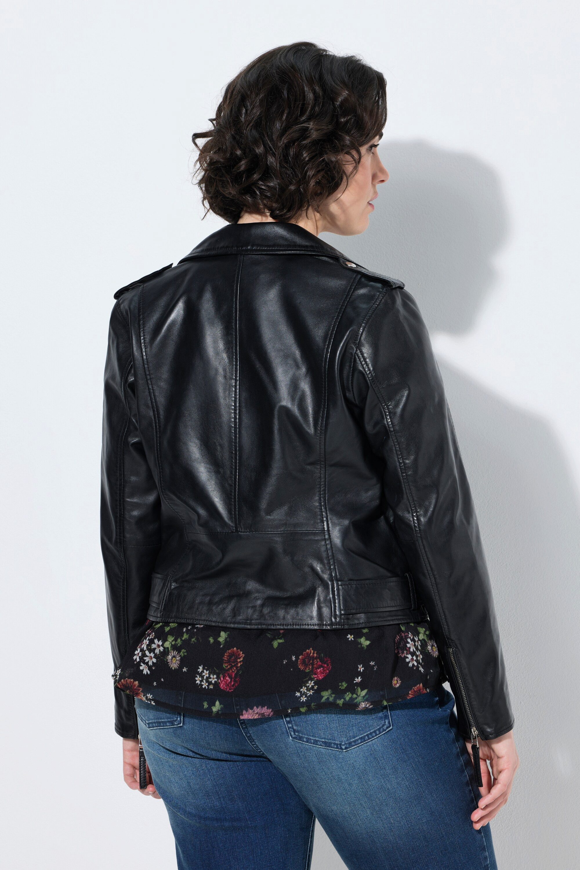 Ulla Popken Lederjacke Biker-Lederjacke Reverskragen Gürtel Langarm – Bild 3 von 4