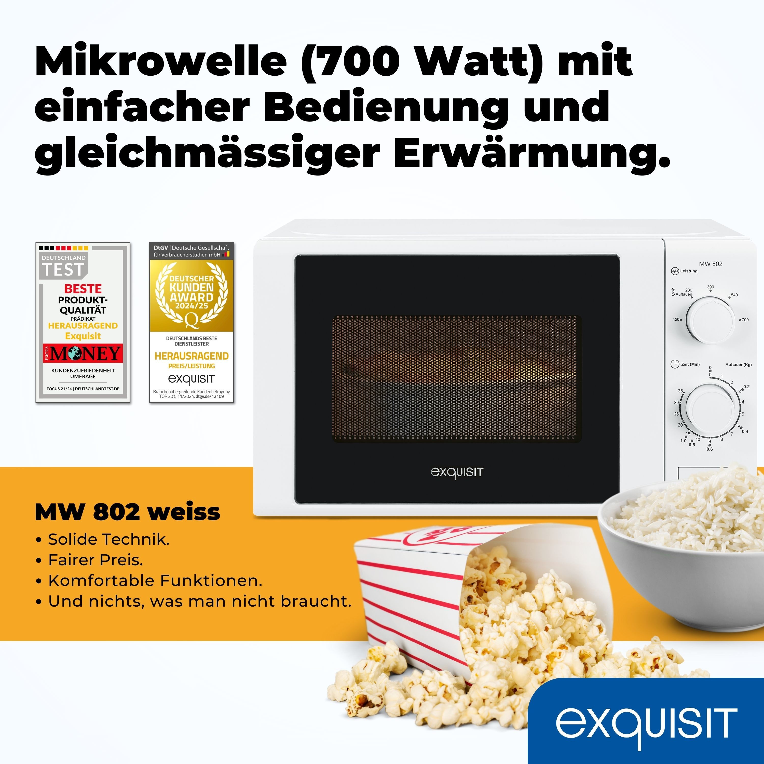 exquisit Mikrowelle MW 802, Mikrowelle, 20,00 l, 20 Liter, 25,5 cm Drehteller, inkl. Timer, einfach Bedienung, 700 Watt