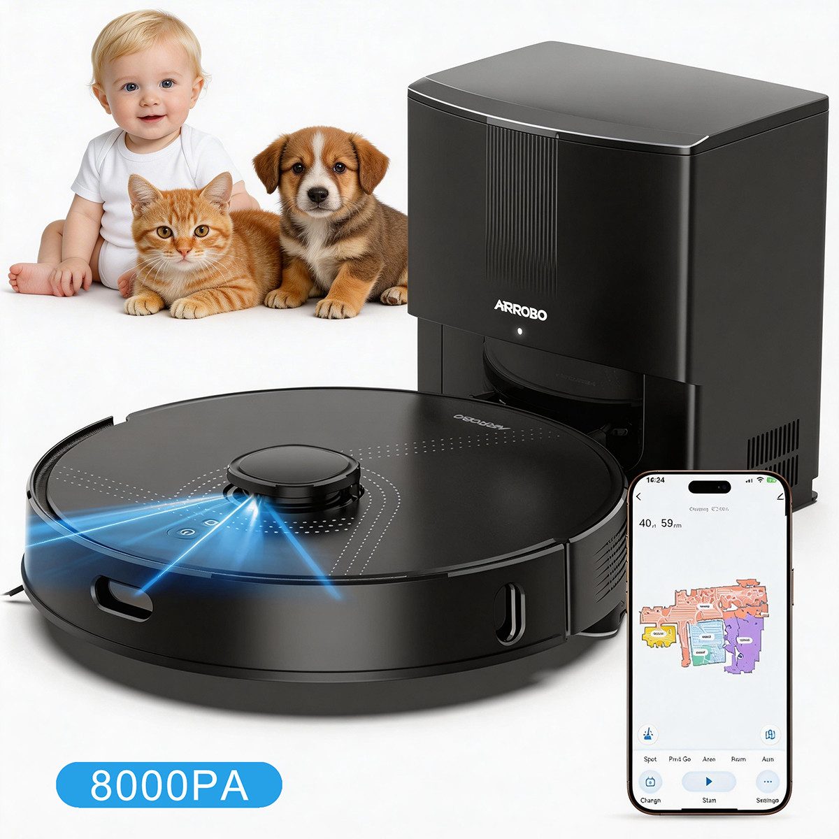 AIRROBO Nass-Trocken-Saugroboter Q20 mit Wischfunktion und Absaugstation,8000 Pa Saugkraft, 45 W, Präzisionsnavigation, für verschiedene Bodenbeläge geeignet, tierfreundlich, AI-gestützte Laser-Hindernisvermeidung,APP-Bedienbar,Ein Jahr Garantie
