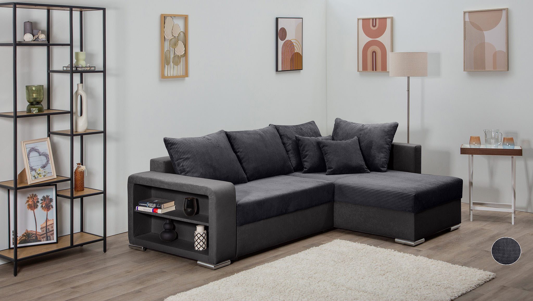 COLLECTION AB Ecksofa John L-Form, B: 226 cm, Schlaffunktion, Bettkasten, Regalelement & 2 Zierkissen