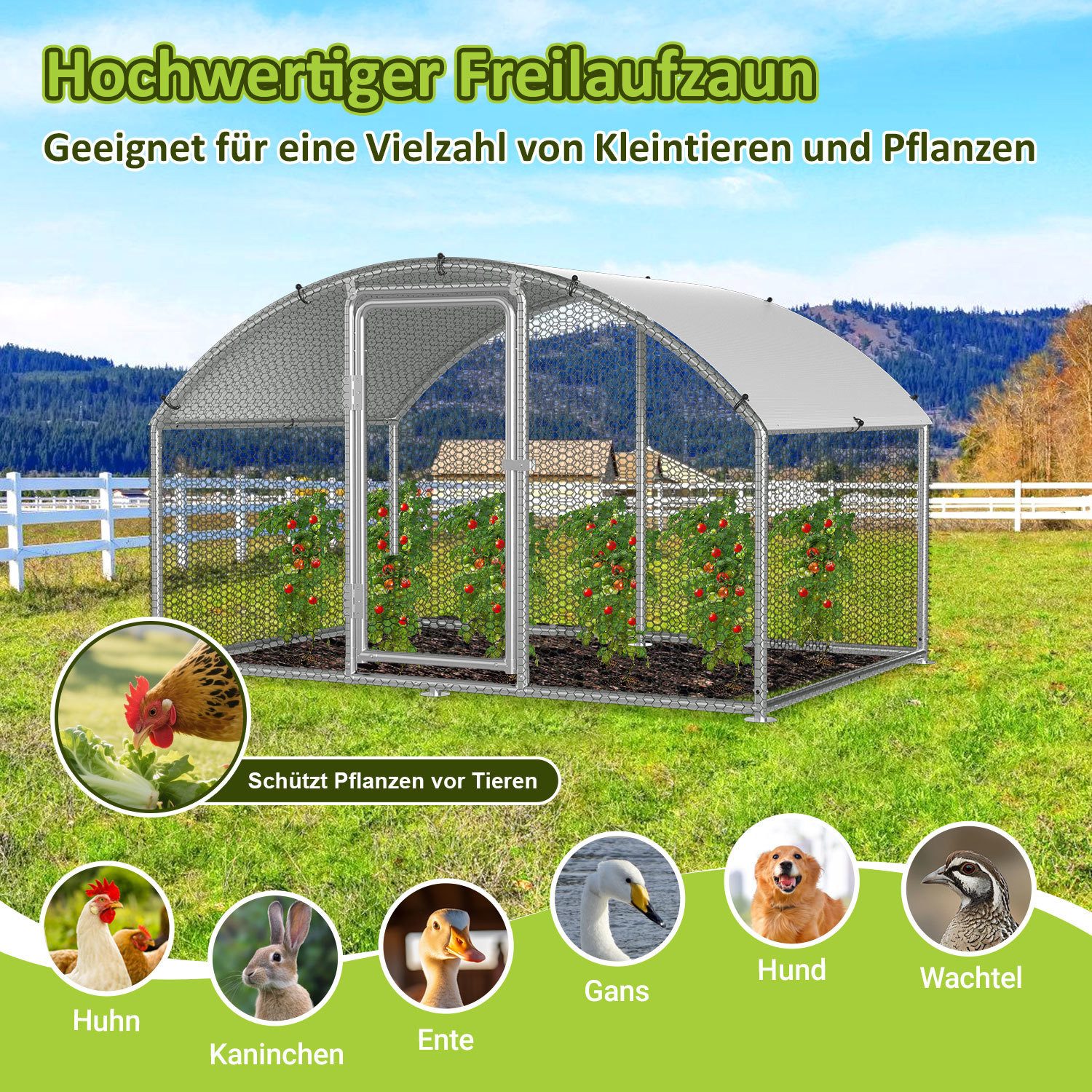 Clanmacy Hühnerstall Hühnerstall 3x2x2m Kuppeldach Freilaufgehege verzinkt mit PE-Dach, Verzinkter Rahmen, PE-Dach, PVC-beschichtetes Drahtnetz – Bild 3 von 5