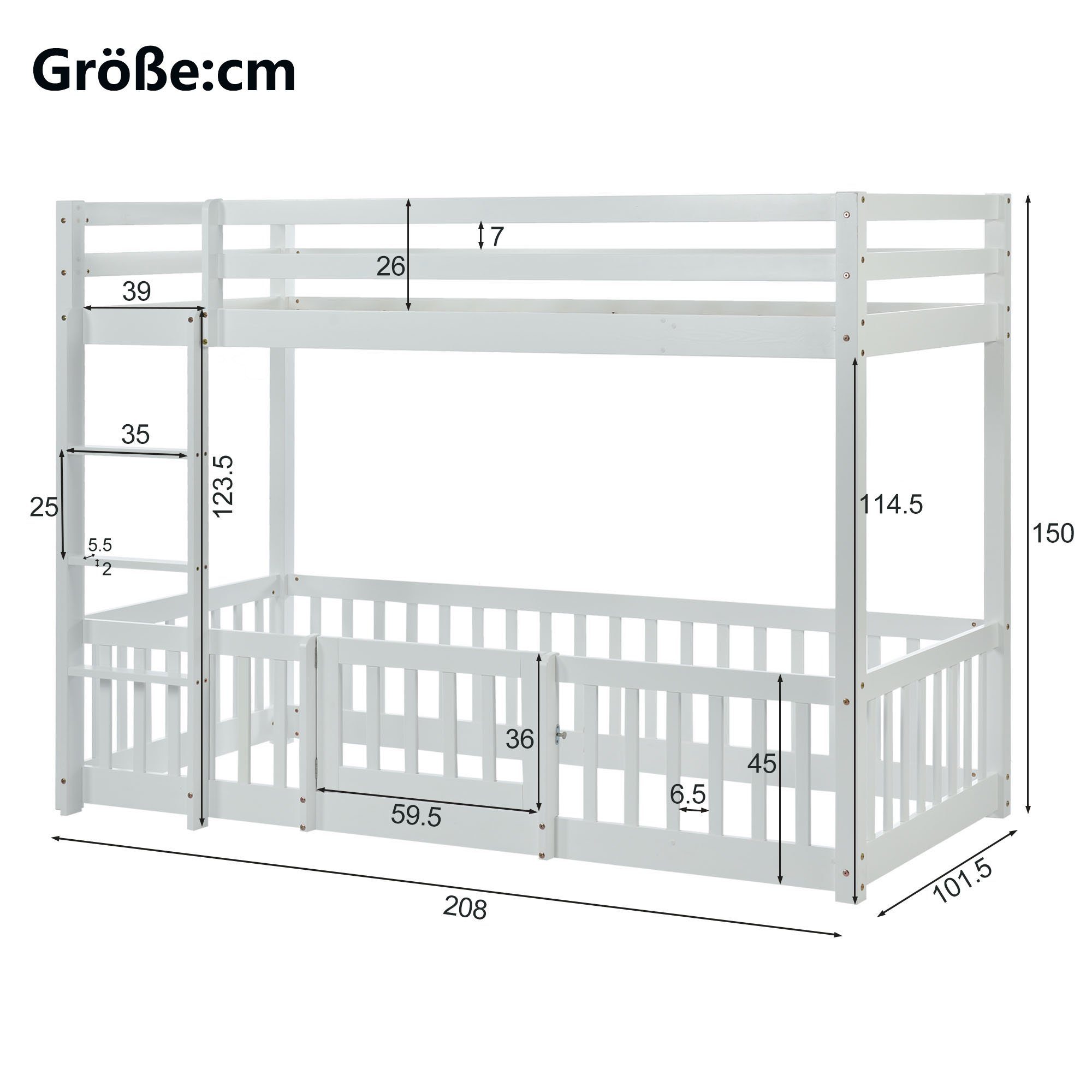 200x90cm großes rechtwinkliger und Weiß Massivholzbett Fallschutz Treppe, Geländer Tür) mit Fangqi und (Etagenbett Zaun Kinder-Etagenbett mit