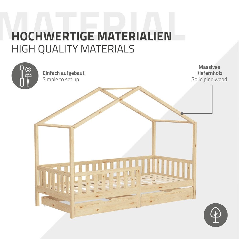 ML-DESIGN Spielbett Hausbett Kinderbett inkl. 2 Schubladen, Lattenrost und Rausfallschutz, Abenteuerbett 90x200cm Haus Bett Himmelbett Kiefer Jugendbett Natur – Bild 5 von 5
