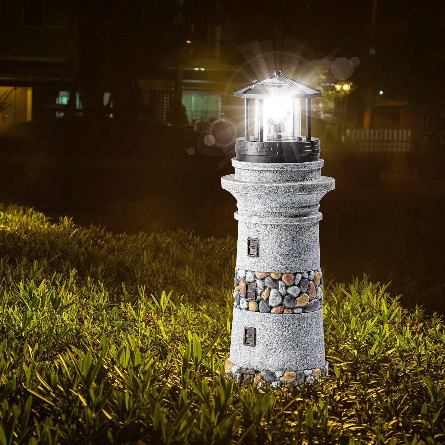 Bleuchtung Leuchtturm 39cm, Solarleuchte Licht Figur LED Garten Stein-Optik EASYmaxx Gartendeko