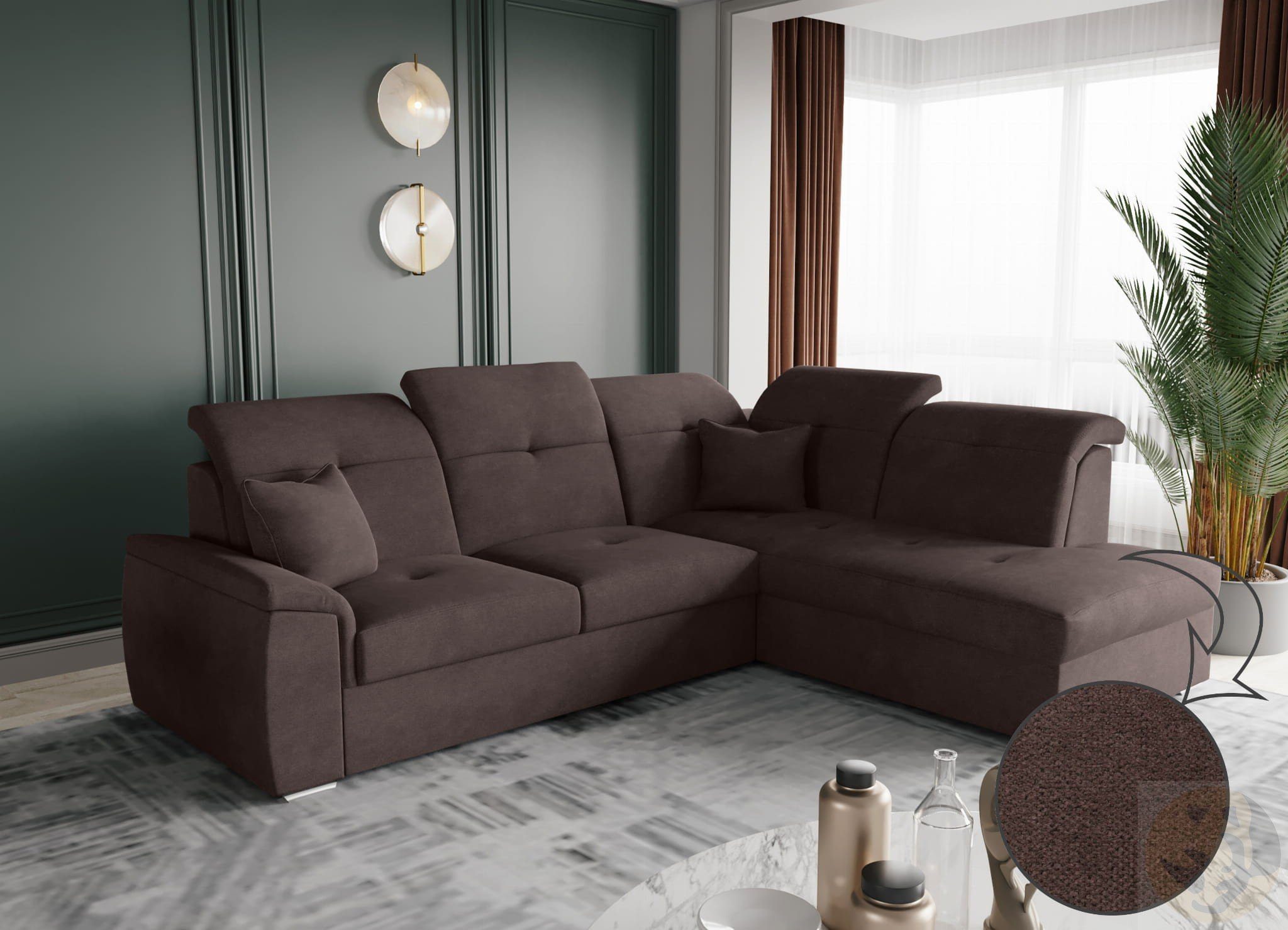 Zierkissen Couch, Ecksofa Friderik-EU Schlaffunktion, Kopfstützen, BONO und moderne L Bettkasten, verstellbare Komfortable