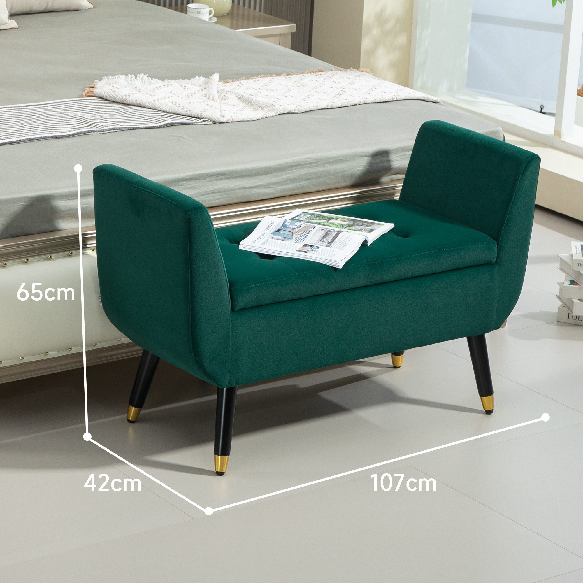 HOMCOM Sitzbank mit Stauraum Armlehnen, Samtartiges Polyester (Truhenbank, 1-St., Polsterbank), Gummiholz Grün 107 x 42 x 65 cm