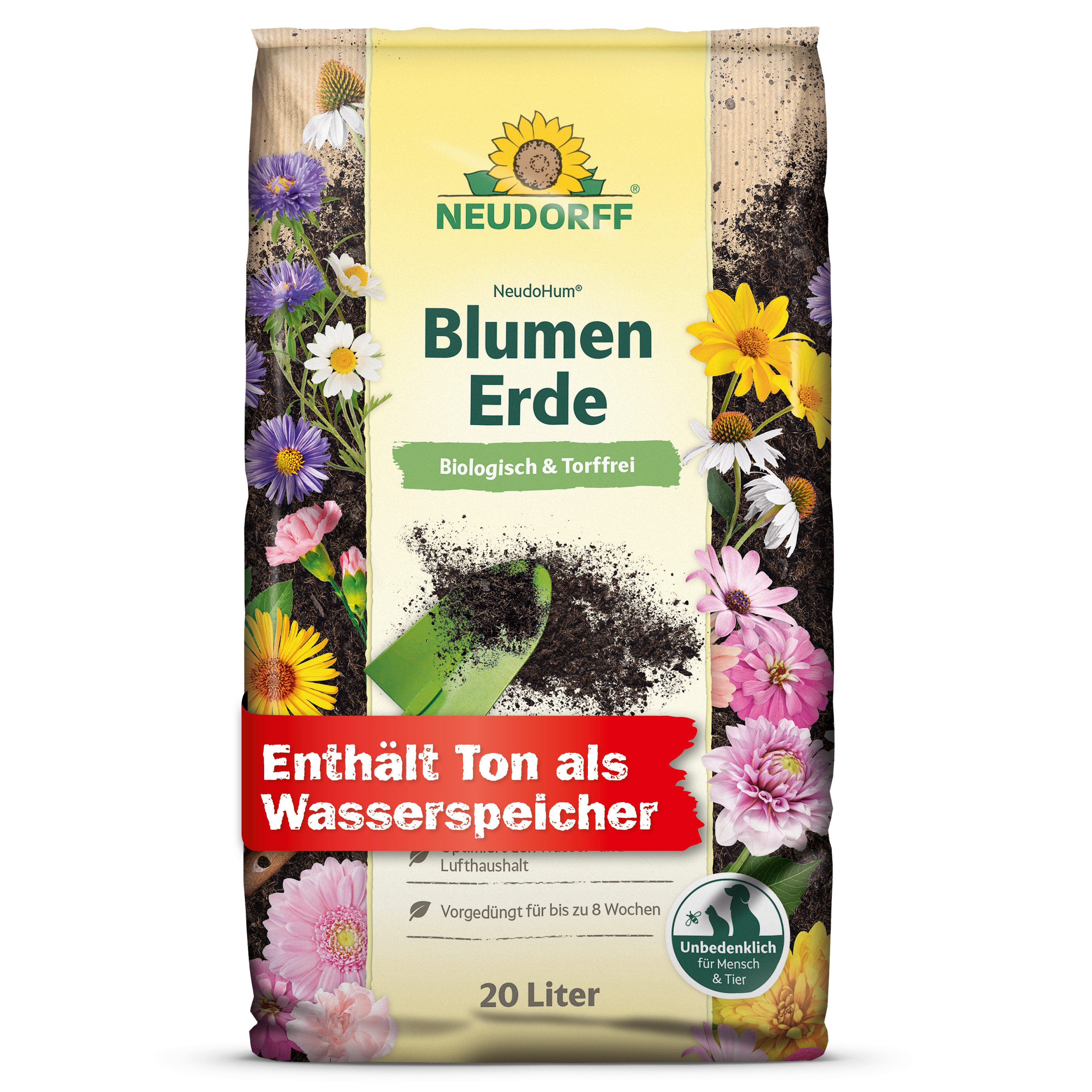 Neudorff Blumenerde NeudoHum BlumenErde 20 Liter, mit Organische Grunddüngung, (Einzelartikel, Optimiert den Wasser- & Lufthaushalt), Speichert Wasser und Nährstoffe, vorgedüngt bis zu 4 Wochen