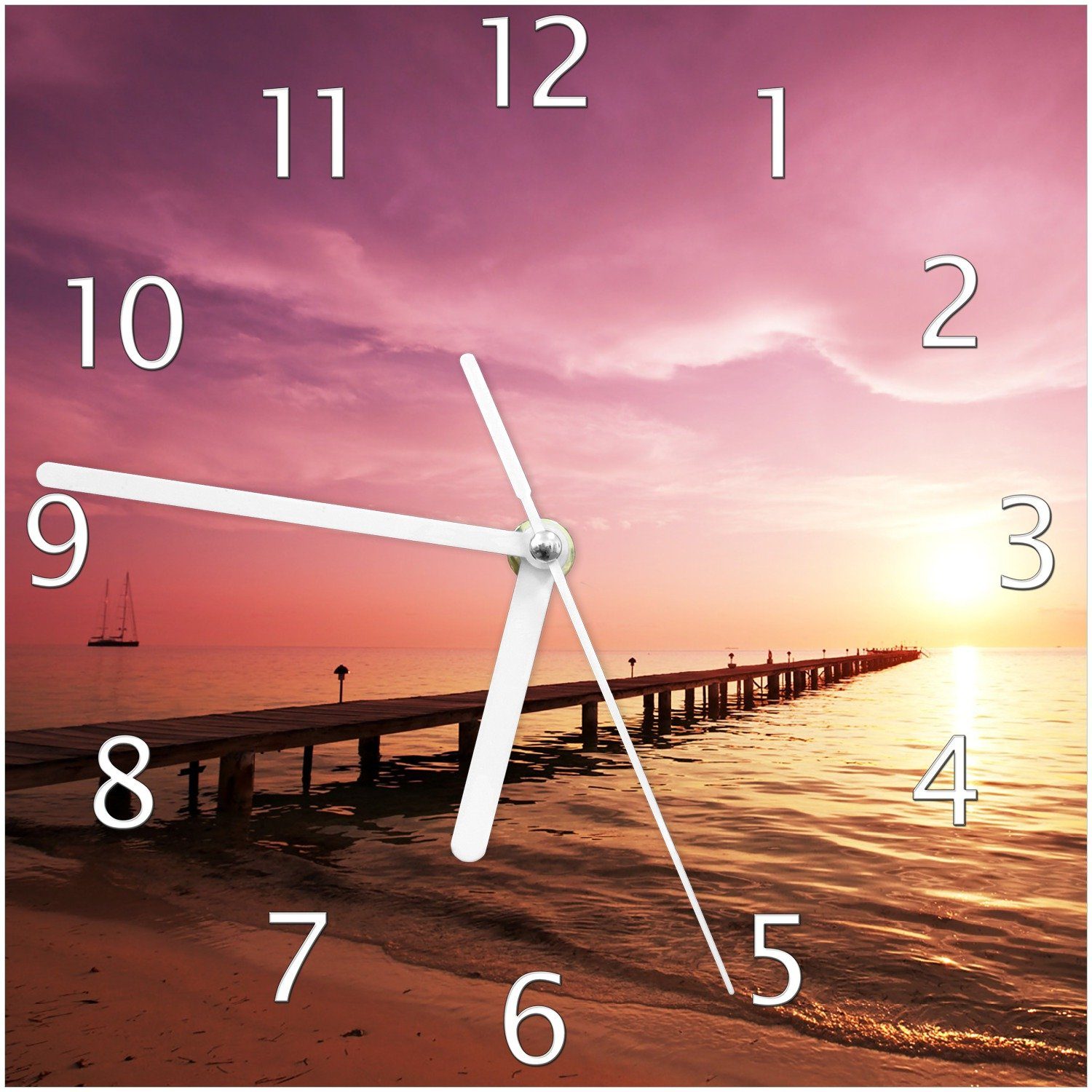 Wallario Wanduhr Auf dem Weg zur Sonne Steg am Meer (Glasuhr)