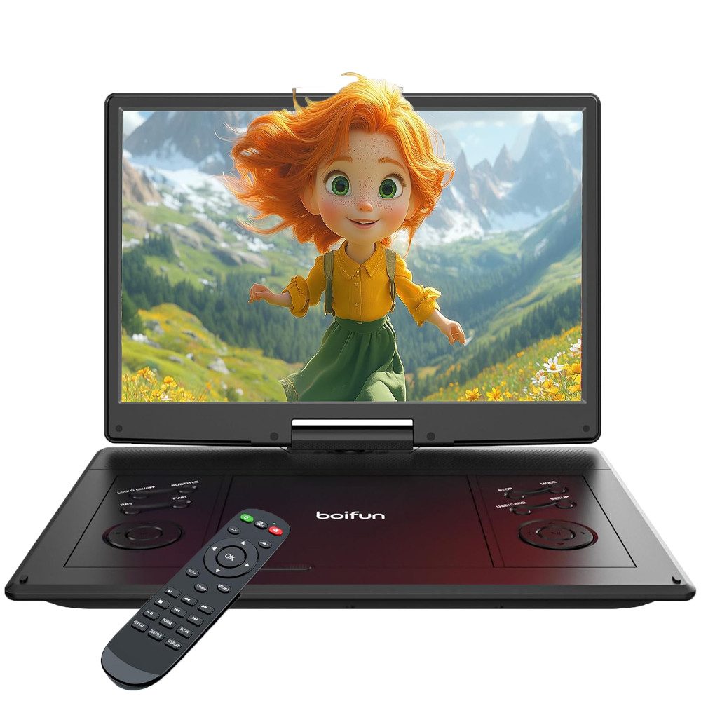 Boifun 15,7" Tragbarer DVD Player mit 14,1 Zoll HD Schwenkbaren Bildschirm Portabler DVD-Player (1366*768 resolution, unterstützt alle Regionen, mehrere Regionen, mehrere Disc-Formate, 32 GB Festplatte, Unterstützt FM-Transmitter, Sync-TV, USB, TF-Karte)