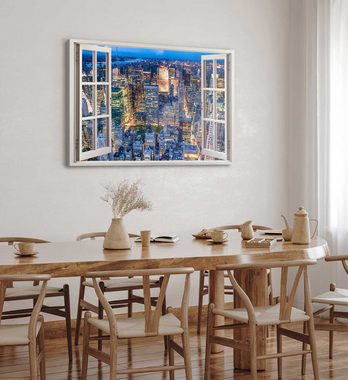 Sinus Art Leinwandbild Wandbild 120x80cm Fensterbild Großstadt Hochhäuser Skyline Blau Stadtl, (1 St)