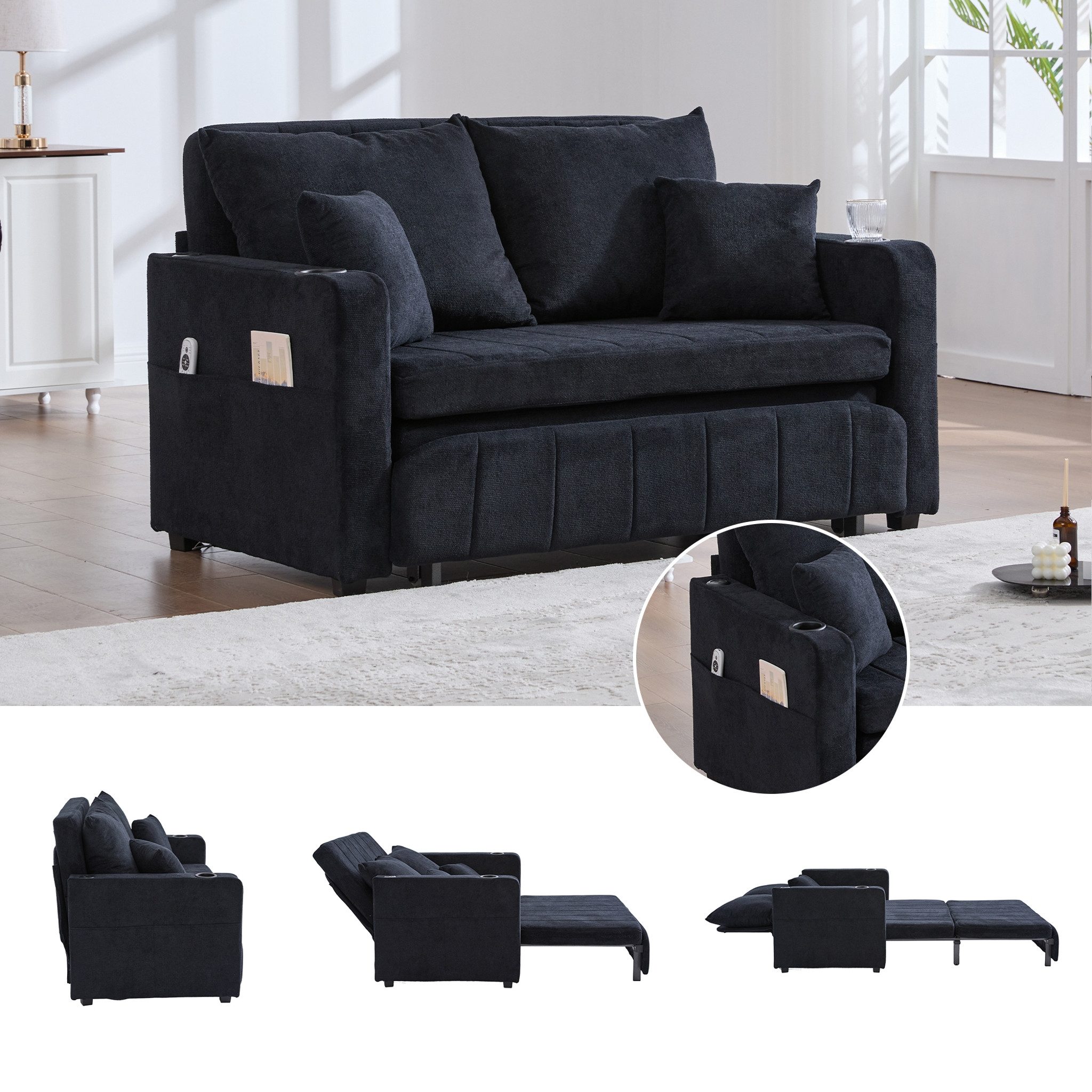 MC Star Schlafsofa Multifunktionales Stoffsofa Klappbares Ausziehsofa Kleines, Wohnzimmersofa mit zwei Funktionen Abnehmbar und waschbar Mit Aufbewahrungstasche Mit USB-Ladefunktion Mit Becherhalter
