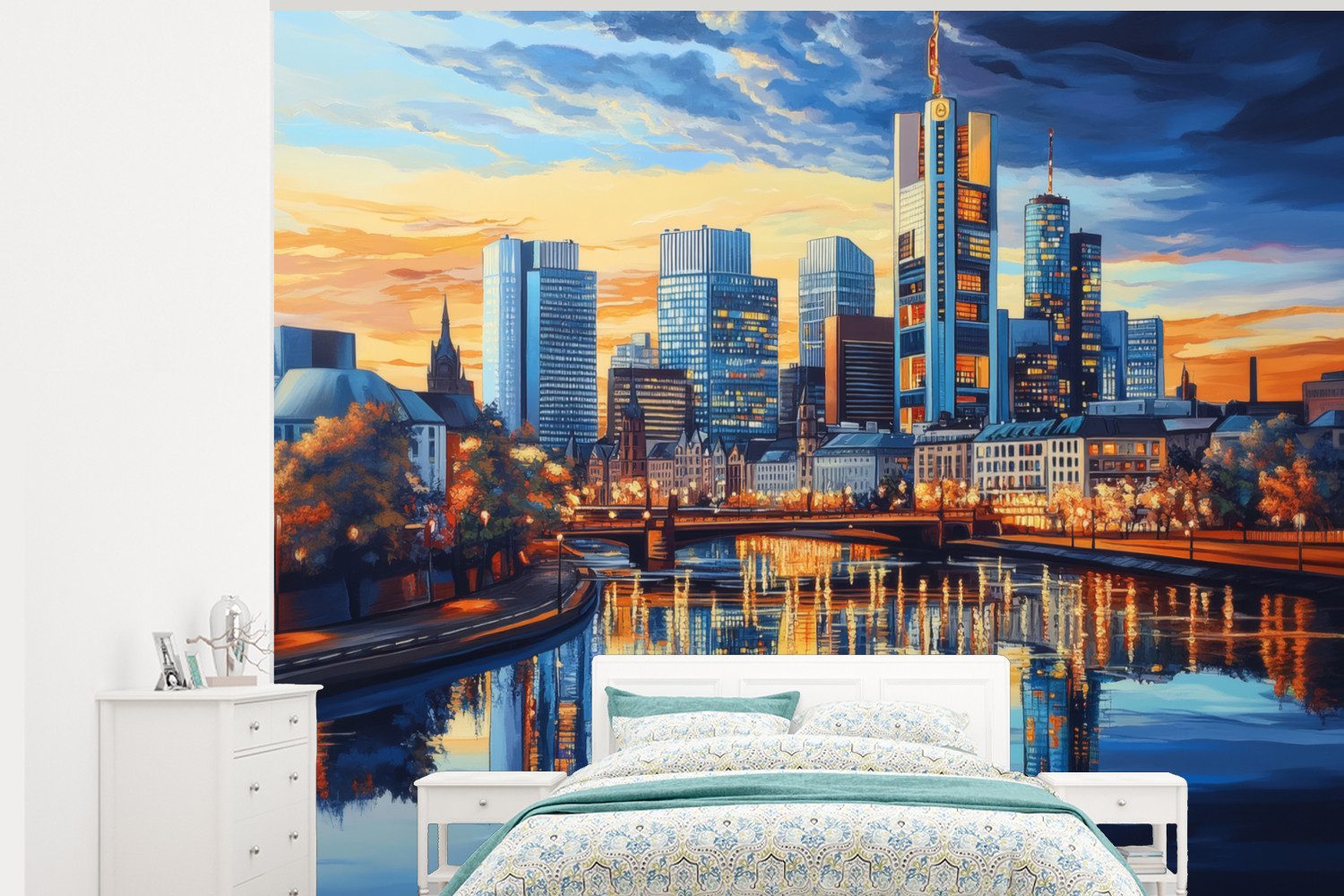 MuchoWow Fototapete Sonnenuntergang Frankfurt - Stadt - Skyline - Wasser, Matt, bedruckt, Montagefertig Vinyl Tapete, Wandtapete, 325x260 cm