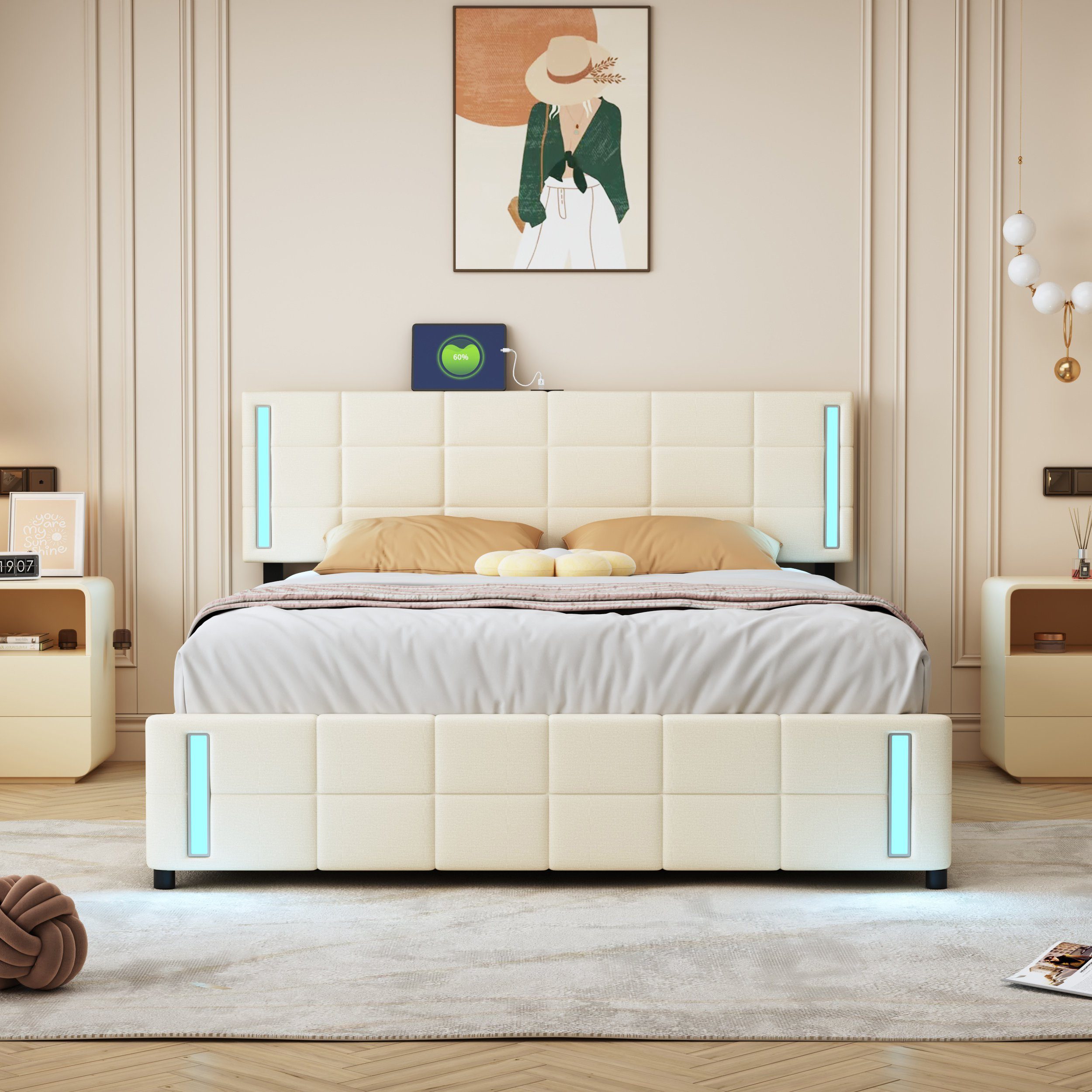 Flieks Polsterbett, LED-Beleuchtung Doppelbett mit 4 Schubladen + 2 USB-Ste günstig online kaufen