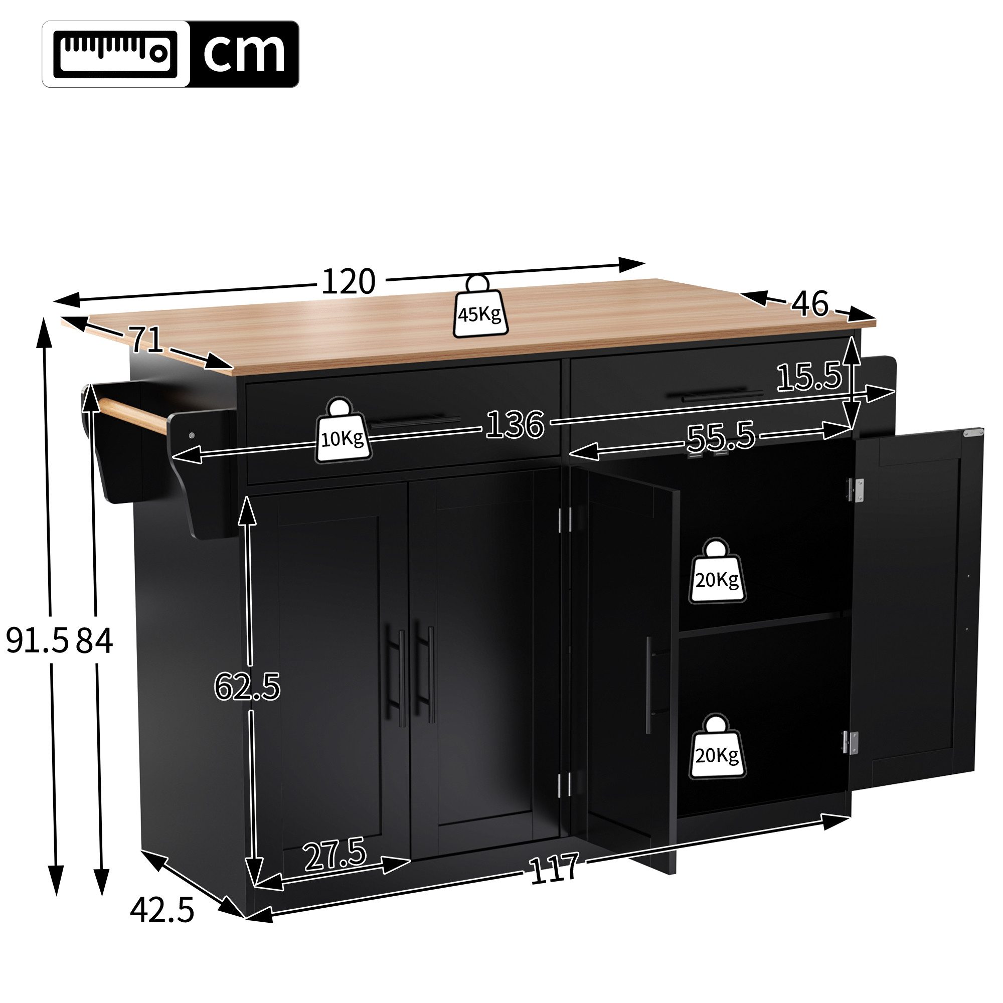 Ulife Servierwagen mit klappbarer Tischplatte, 120x46(71)x91,5 günstig online kaufen