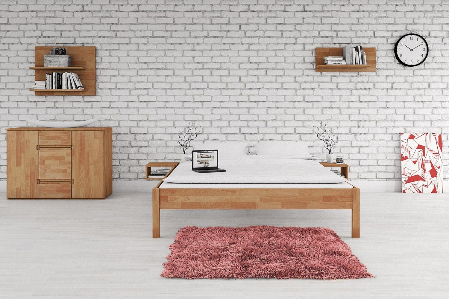 Natur24 Einzelbett Bett Bento 1 Kernbuche massiv 140x200cm ohne Kopfteil mit Holzbeinen