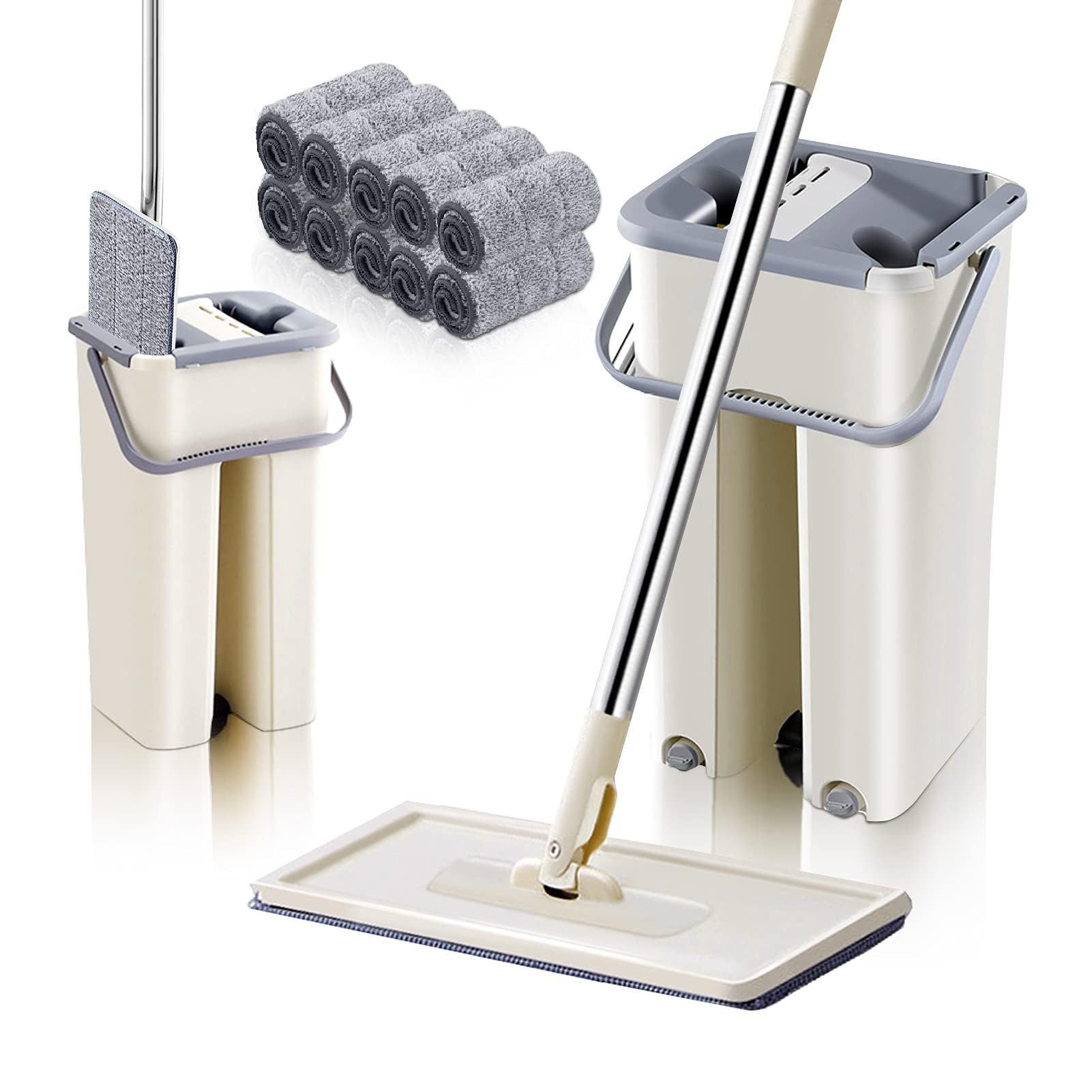 Youyijia Wischmopp Set mit Eimer – Flacher Bodenwischer mit Auswringfunktion Moppaufsatz