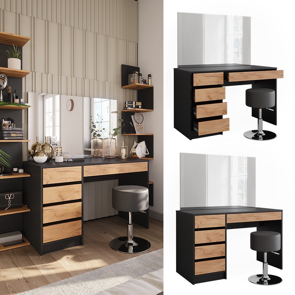 Vicco Schminktisch Sherry, Anthrazit/Goldkraft Eiche, 120 x 75 cm mit Spiegel und Hocker (3-St)