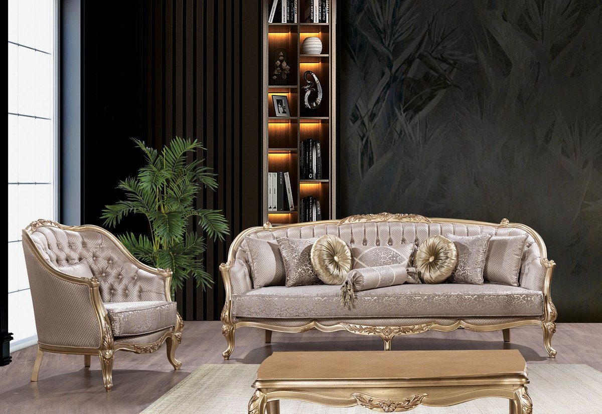 elegantem - Barock Barock Sessel - Einrichtung / Muster Barock Sessel Silber Prunkvoller Sessel Padrino Casa Möbel Barockstil Gold Casa mit im Luxus Möbel Luxus Wohnzimmer Padrino Wohnzimmer - -