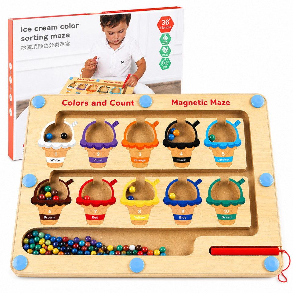 White Fox Studio Puzzle Magnetisches Montessori Labyrinth – Motorik Holzspielzeug ab 2 Jahren, 55 Puzzleteile, Hochwertige Verarbeitung