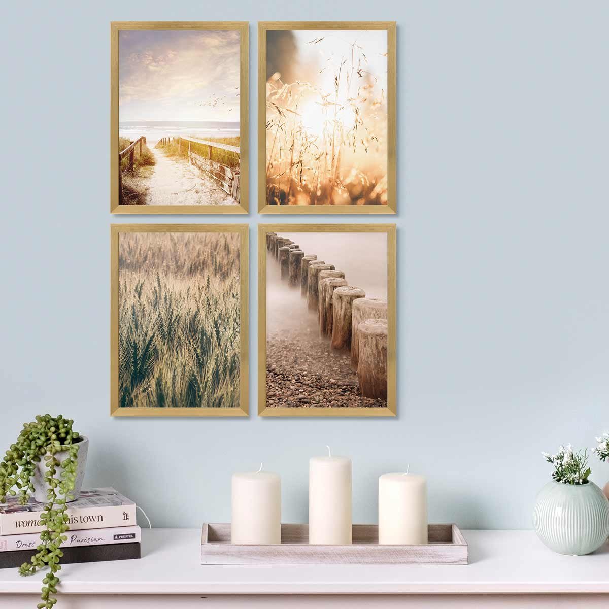 PHOTOLINI Bilderrahmen 4er Set 21x30 cm / DIN A4 Modern Schmal mit Acrylglas Gold