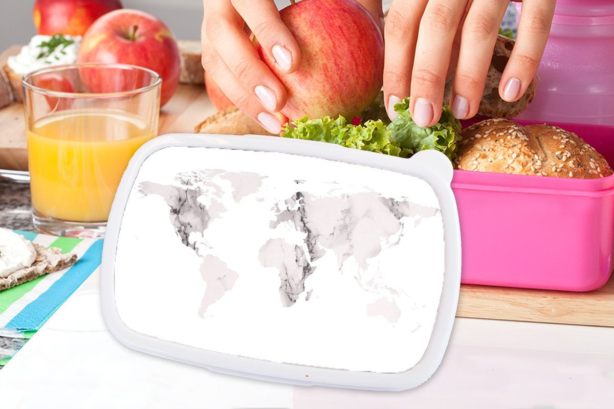 Weltkarte Marmor Grau, für MuchoWow Erwachsene, Kunststoff, Brotbox - Lunchbox (2-tlg), Brotdose rosa - Kunststoff Snackbox, Mädchen, Kinder,