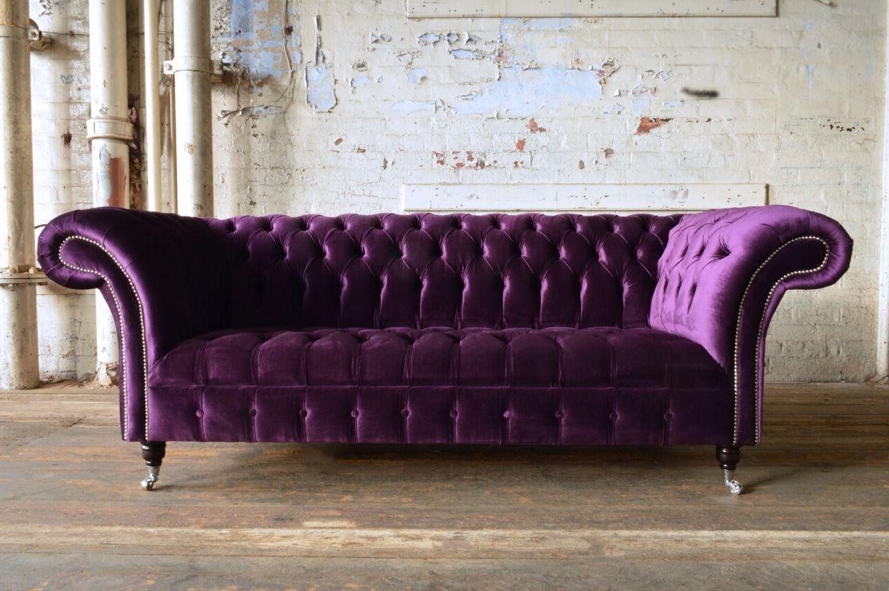 Xlmoebel Chesterfield-Sofa Elegantes Sofa aus Stoff, Leder und Samt in Lila, Hergestellt in Europa
