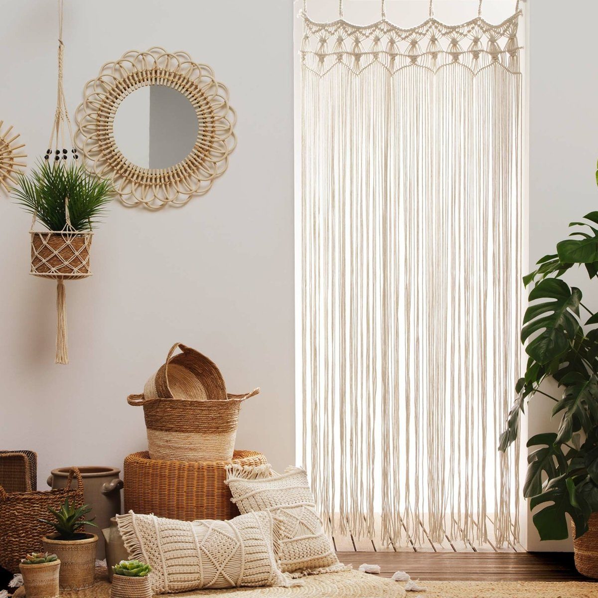 Macosa Home Dekokissen Deko Kissen Makramee 40 x 40 cm Beige Baumwolle inkl. Füllung Deko, Deko Couchkissen Baumwollkissen mit Reißverschluss