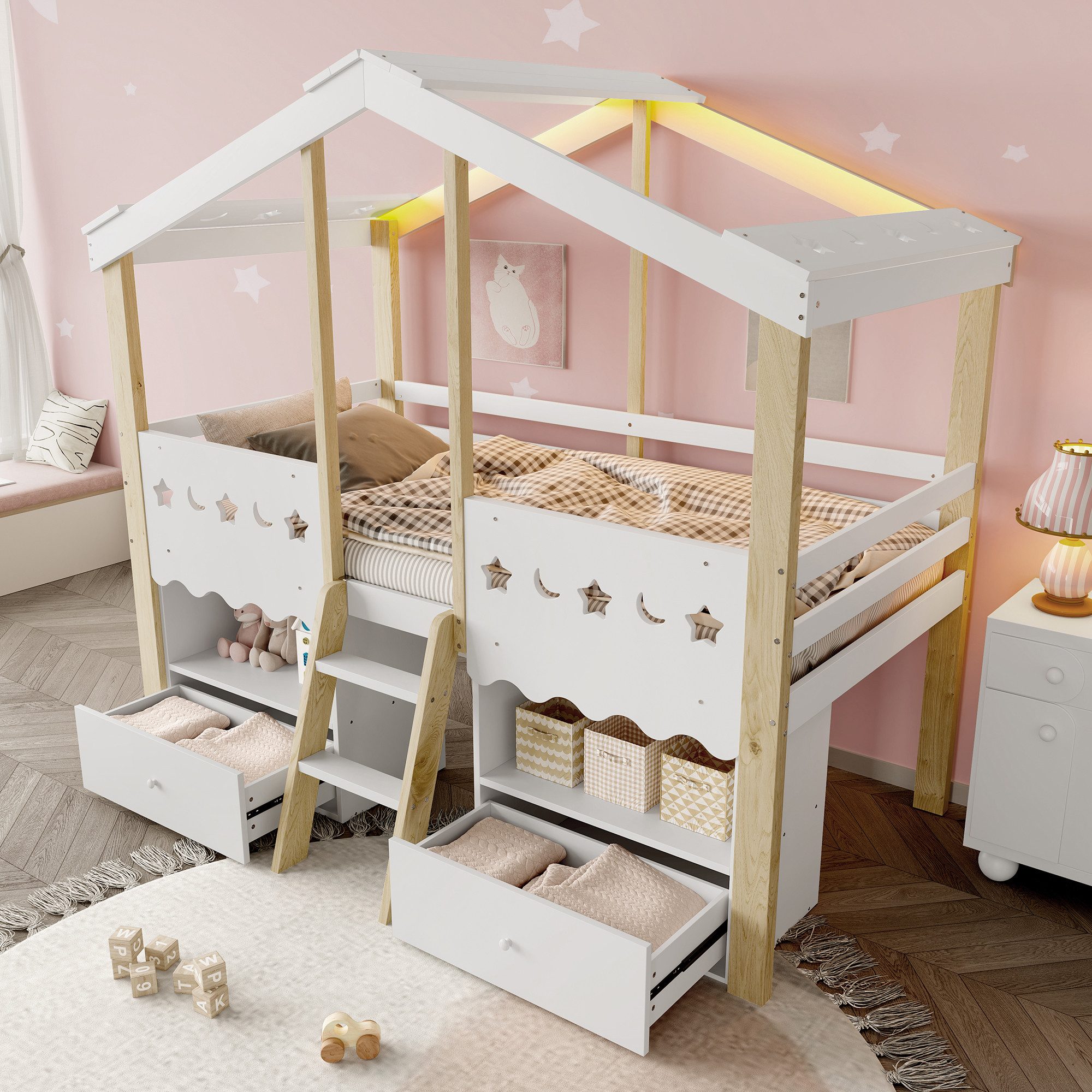 OKWISH Kinderbett Holzbett (mit LED-Beleuchtung, 2 Schubladen, 90x200 cm), ohne Matratze