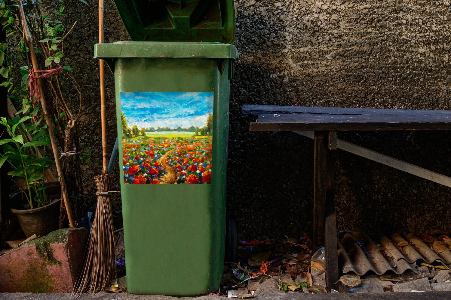 Natur - Container, (1 Blumen Malerei Mülleimer-aufkleber, Sticker, - Ölfarbe St), Wandsticker Mülltonne, MuchoWow Abfalbehälter -